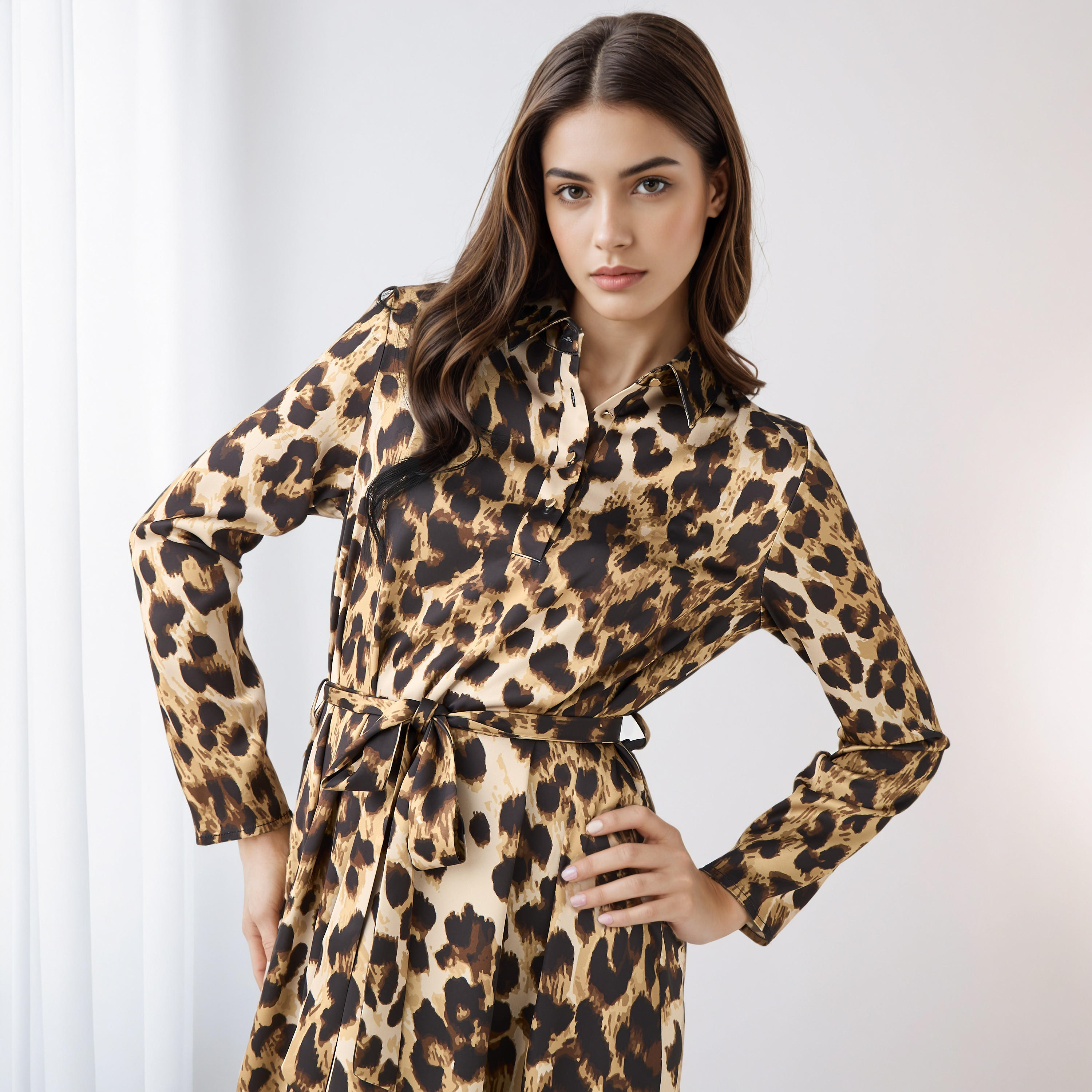 Animal Print Shirt Dress with Tie-Up Detail-women-clothing-dresses-image-4