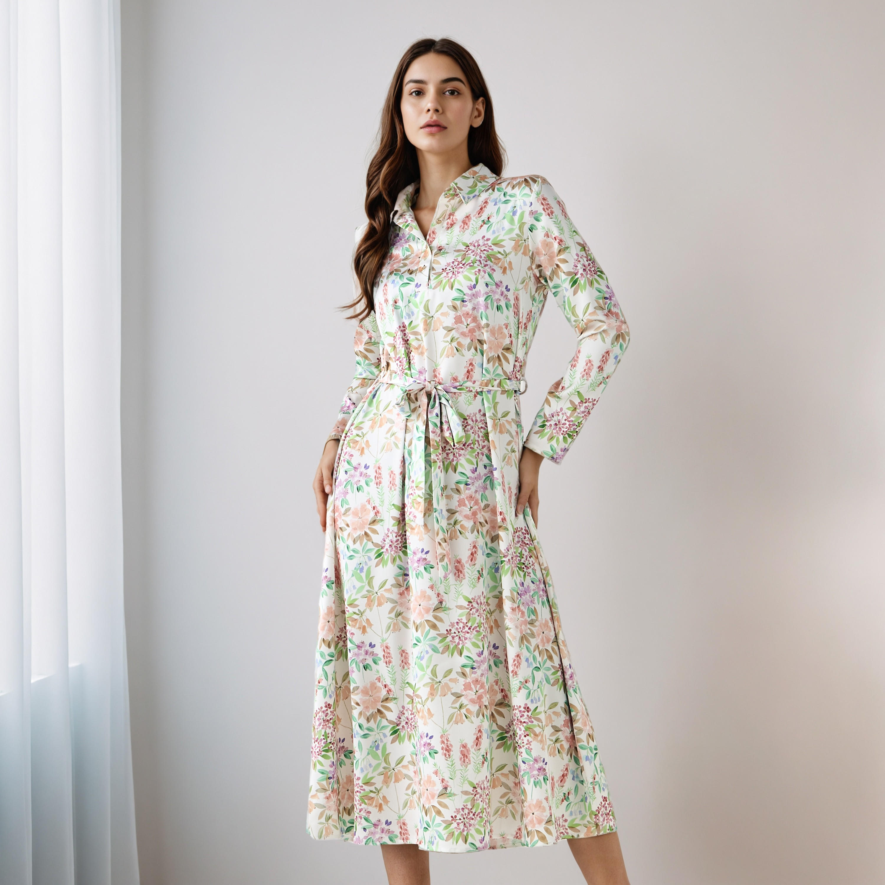 Floral Print Shirt Dress with Tie-Up Detail-women-clothing-dresses-image-2