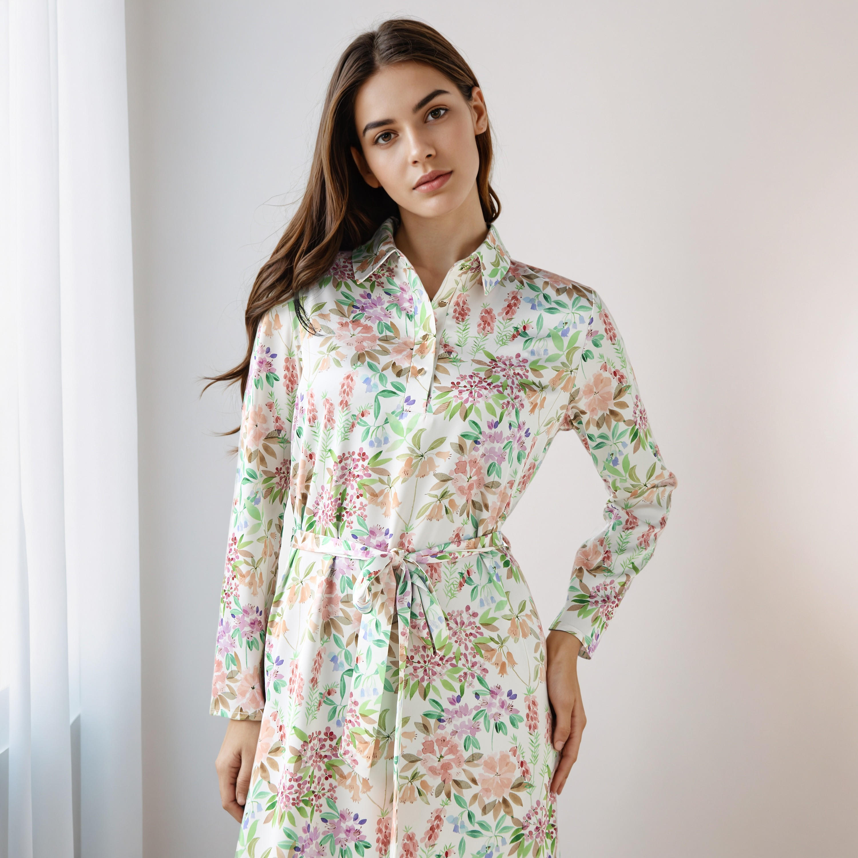 Floral Print Shirt Dress with Tie-Up Detail-women-clothing-dresses-image-4