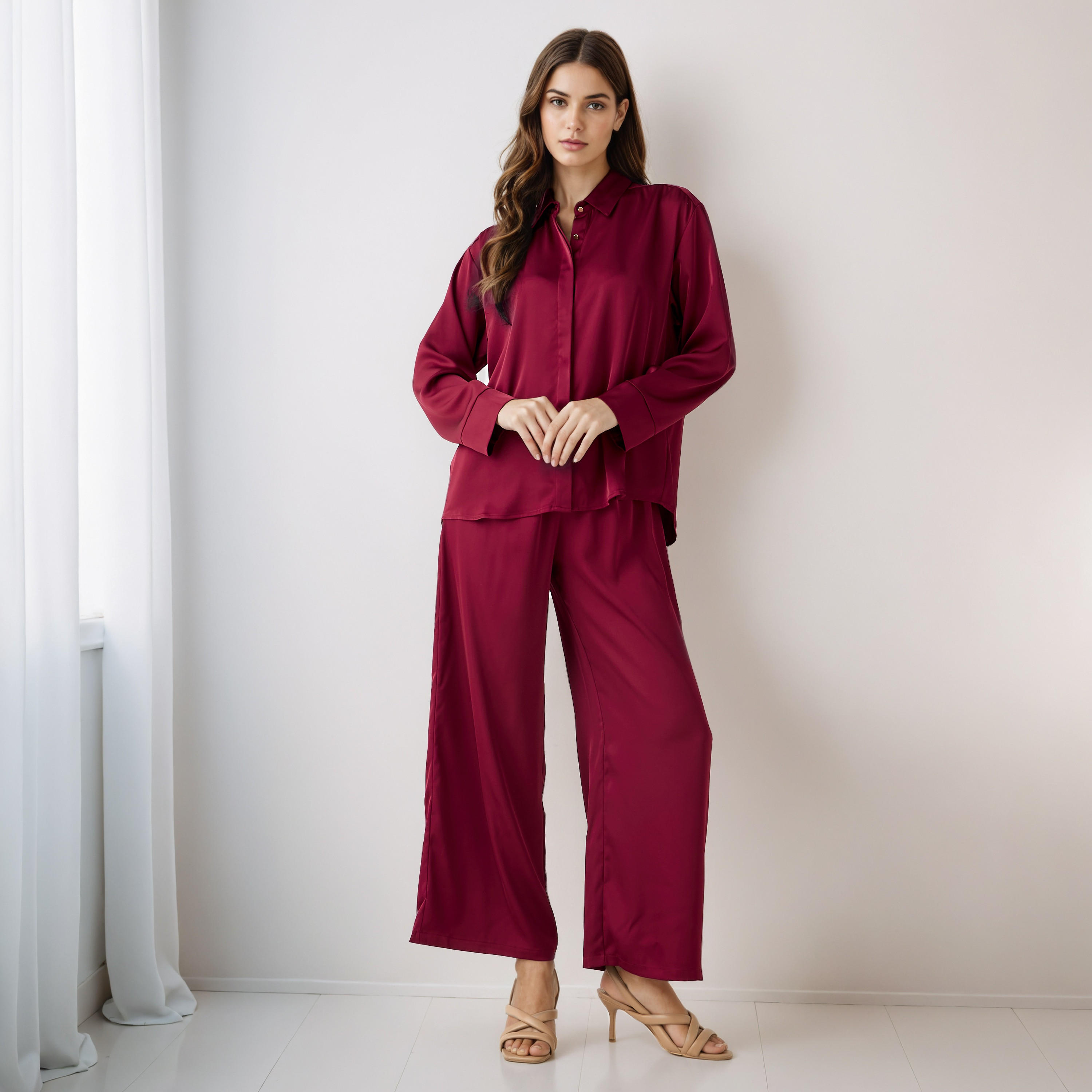 Coord Set with Shirt & Wide Leg Pants-women-clothing-coordsets-image-1