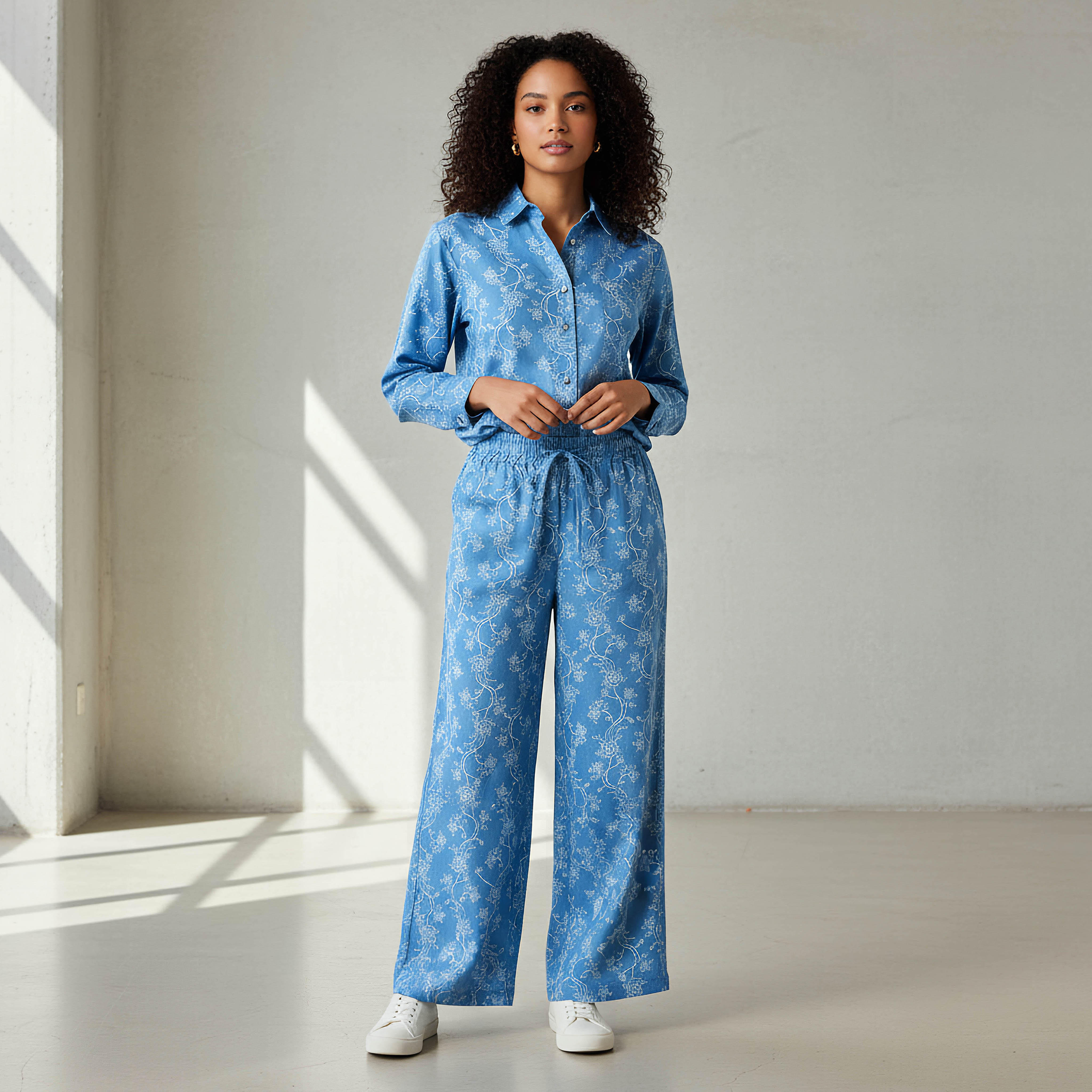 Denim Coord Set with Shirt & Wide Leg Pants-women-clothing-coordsets-image-1