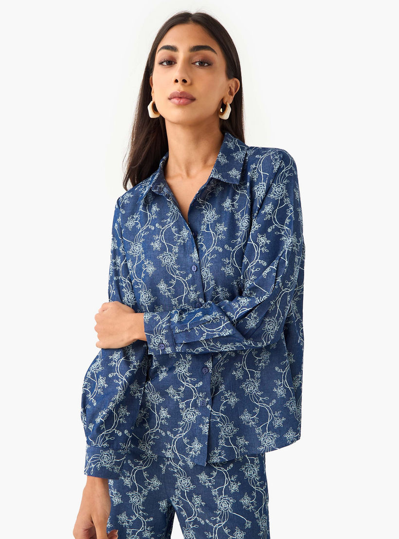 طقم دينيم منسق من قميص وبنطلون بأرجل واسعة-women-clothing-coordsets-image-2