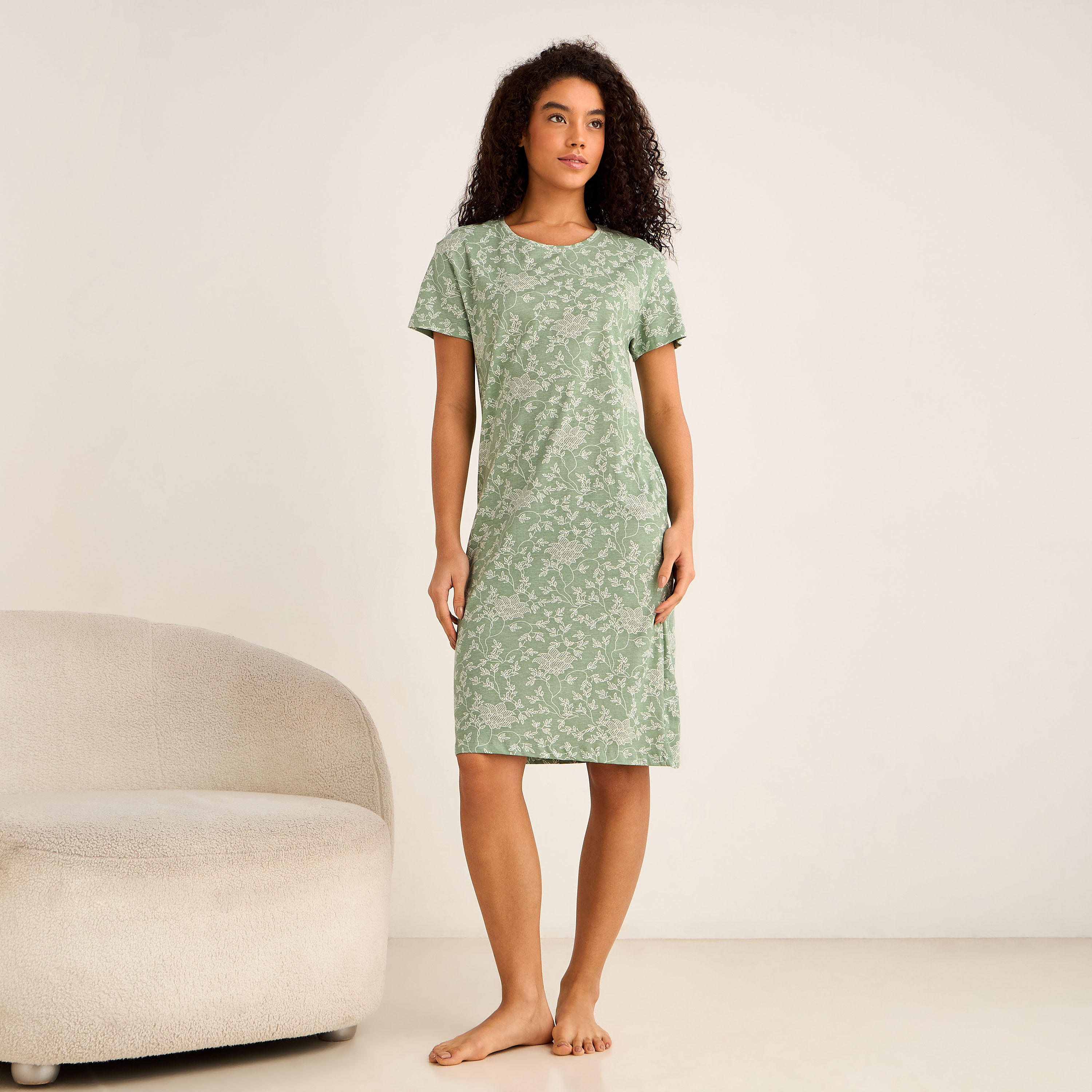 Floral Print Sleepshirt with Short Sleeves-women-clothing-nightwear-nighties-image-2