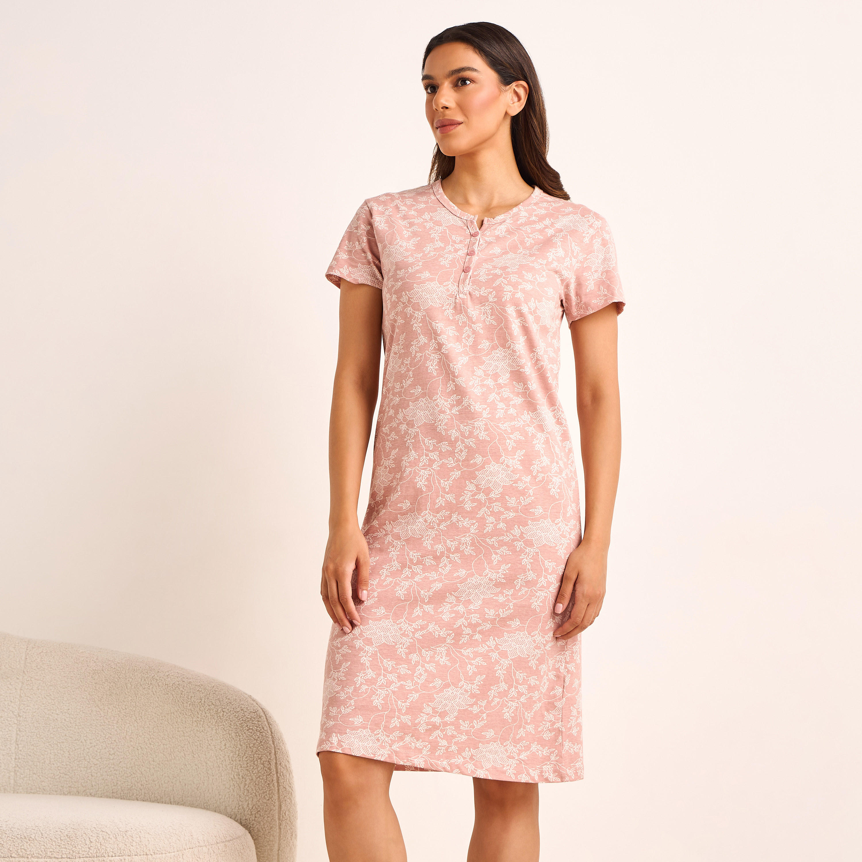 Printed Sleepshirt with Short Sleeves-women-clothing-nightwear-nighties-image-1