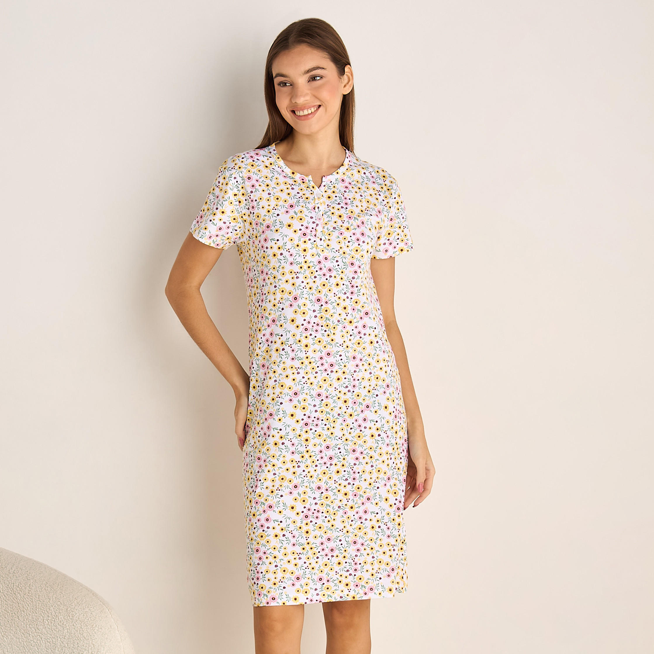 Printed Sleepshirt with Short Sleeves-women-clothing-nightwear-nighties-image-1