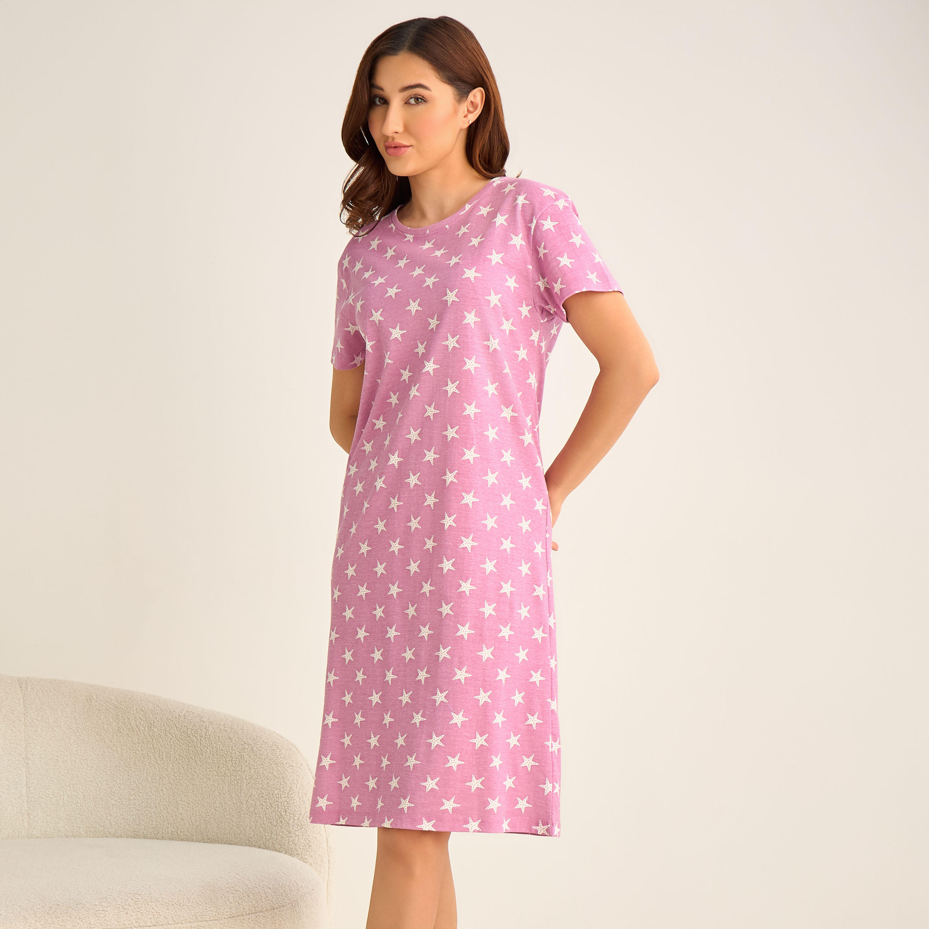 Printed Sleepshirt with Short Sleeves-women-clothing-nightwear-nighties-image-1