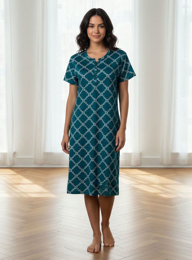 Printed Sleepshirt with Short Sleeves-women-clothing-nightwear-nighties-image-1