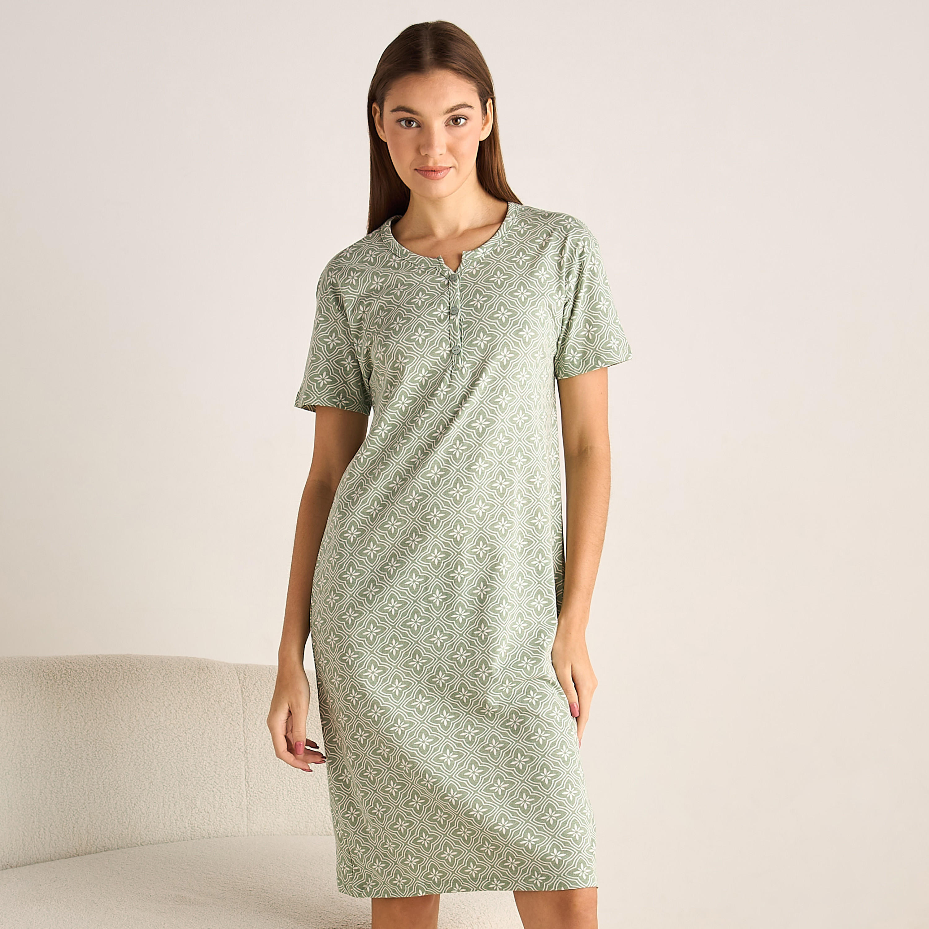 Printed Sleepshirt with Short Sleeves-women-clothing-nightwear-nighties-image-1