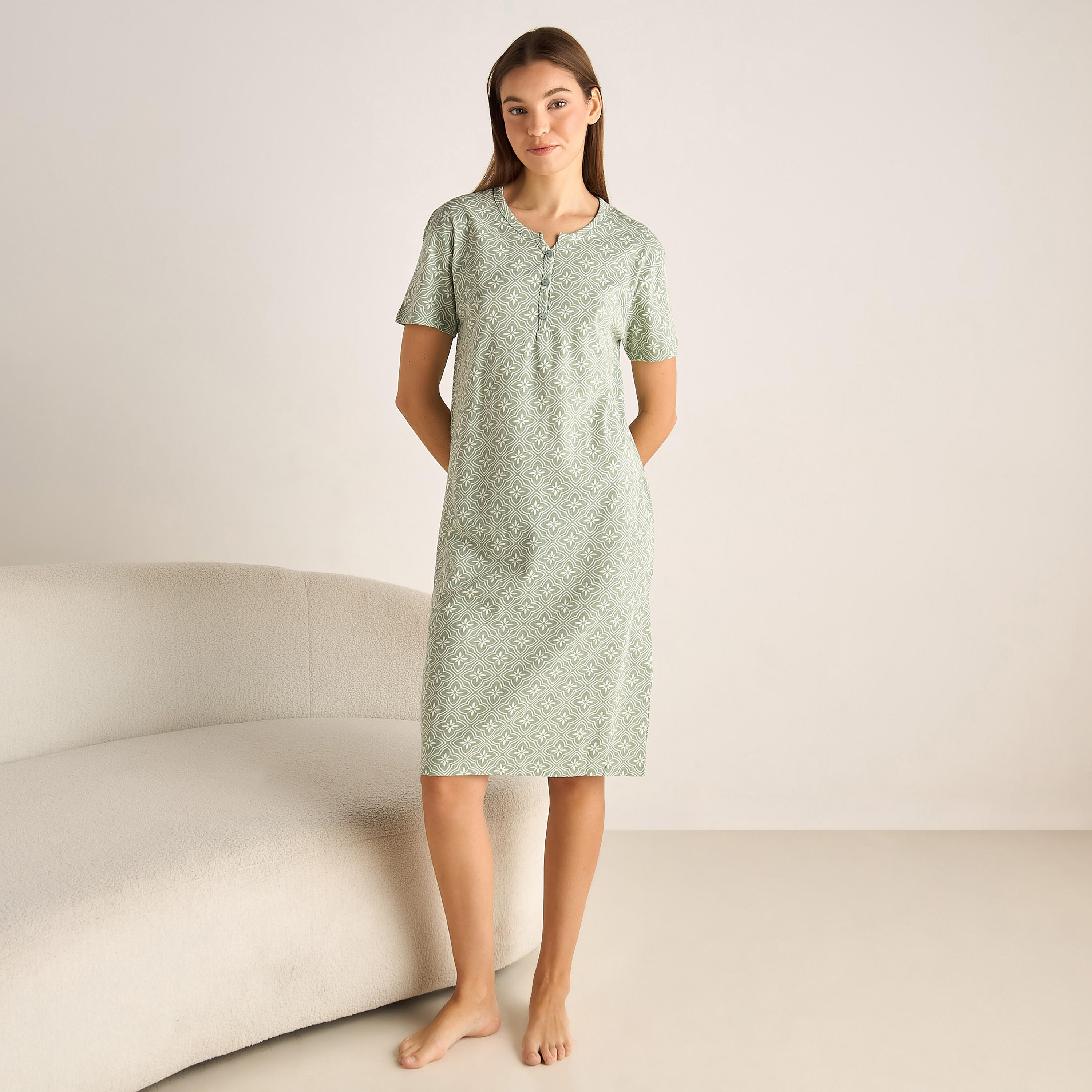 Printed Sleepshirt with Short Sleeves-women-clothing-nightwear-nighties-image-2