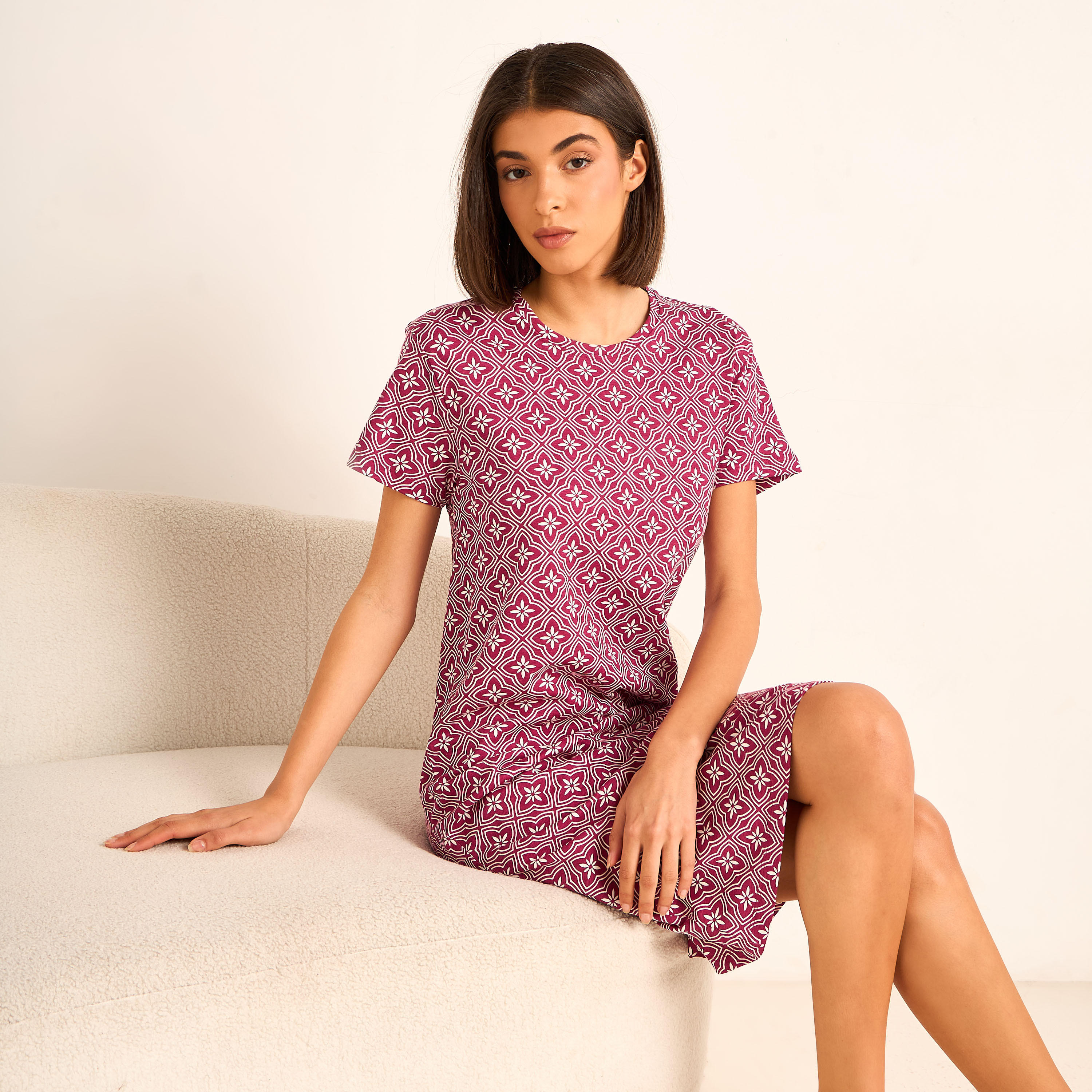 Printed Sleepshirt with Short Sleeves-women-clothing-nightwear-nighties-image-1