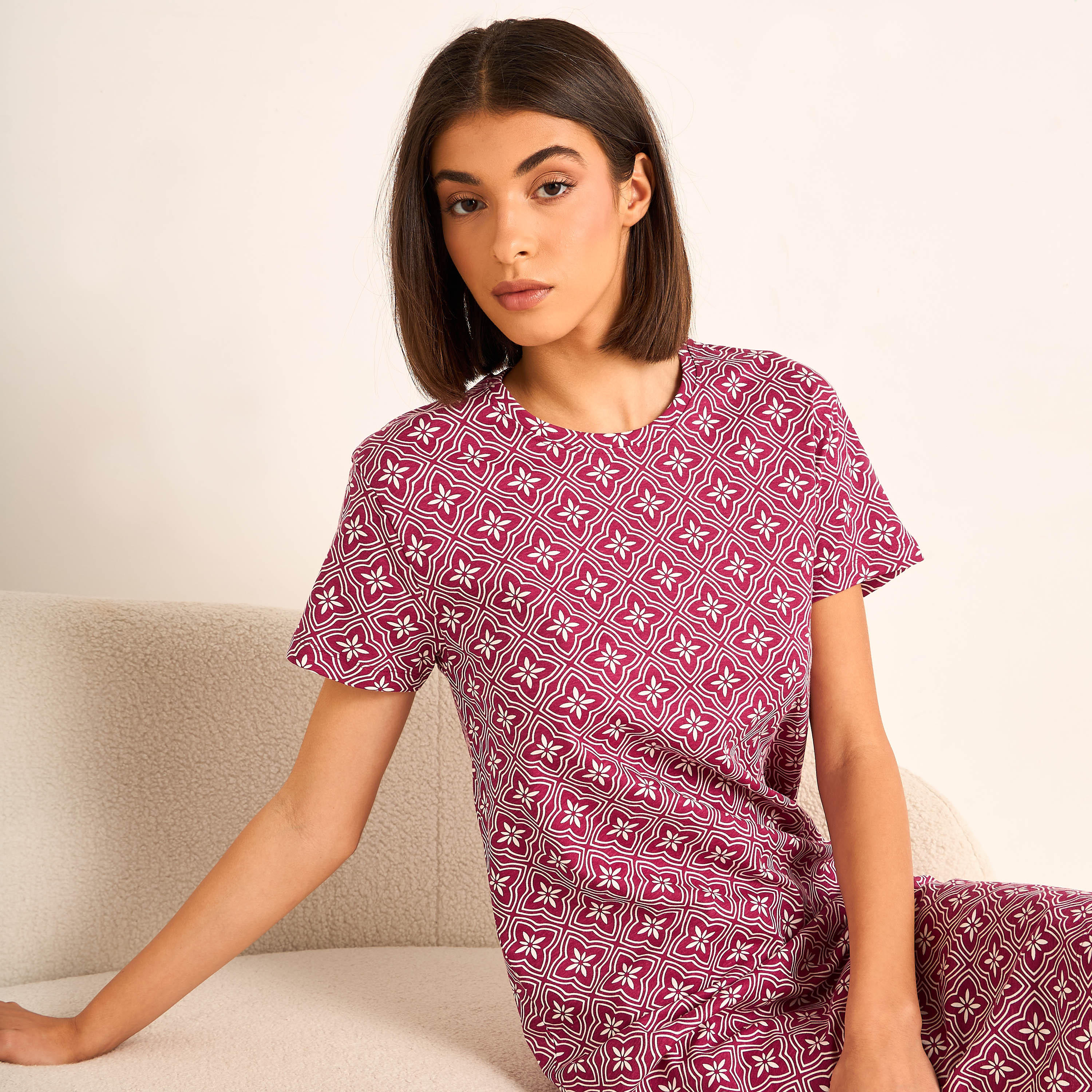 Printed Sleepshirt with Short Sleeves-women-clothing-nightwear-nighties-image-4