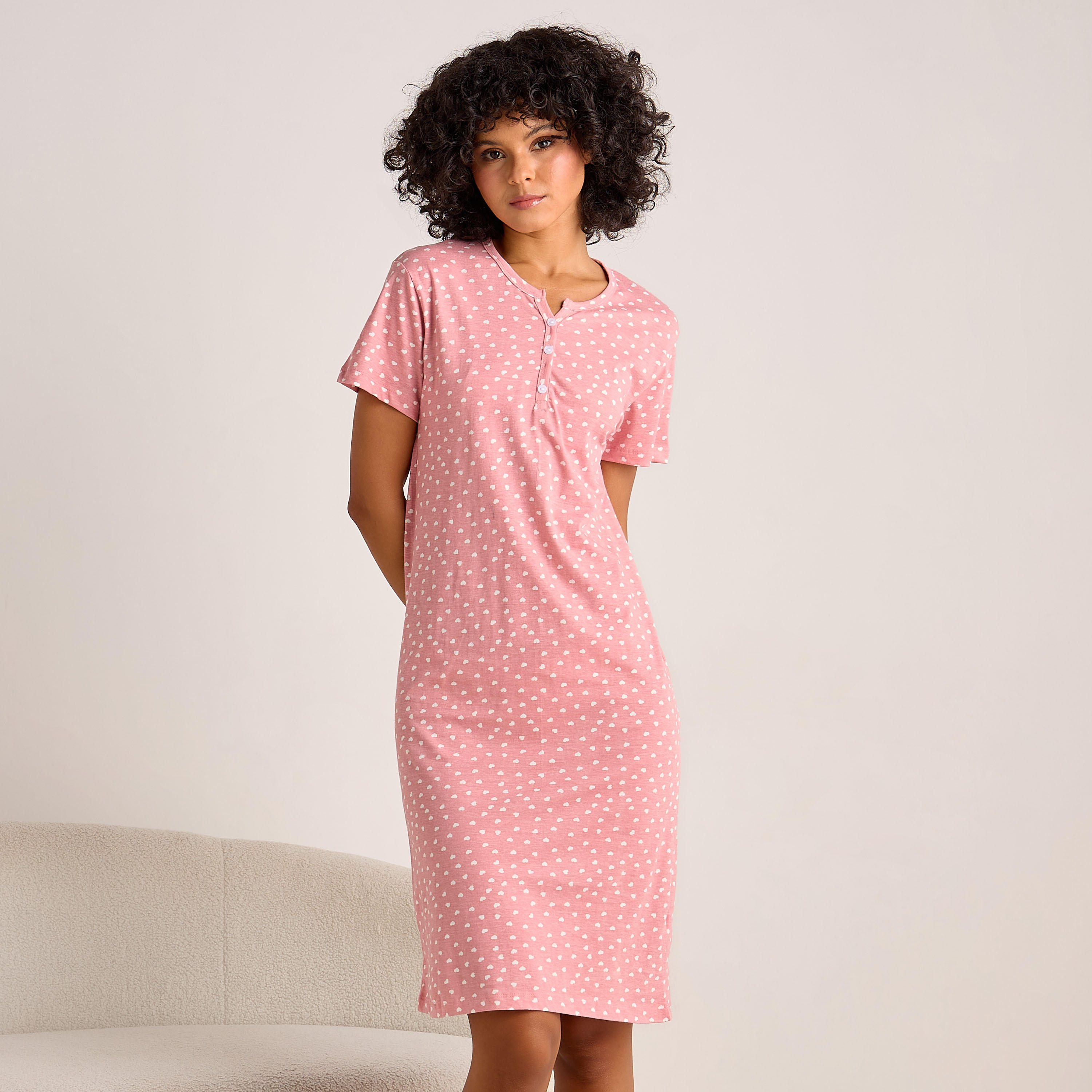 Printed Sleepshirt with Short Sleeves-women-clothing-nightwear-nighties-image-1