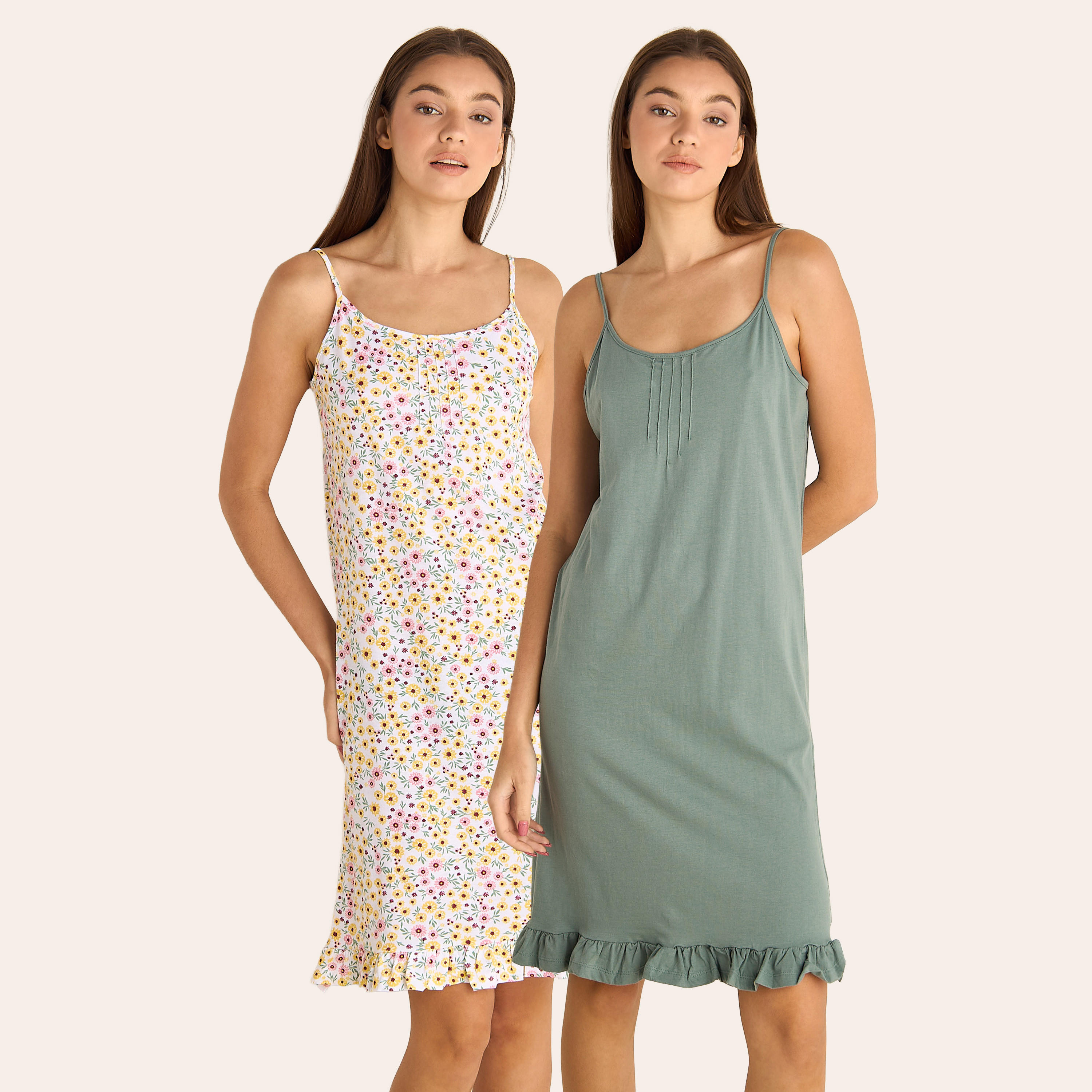 Set of 2 - Midi Slip Dress Strappy Ruffled Hem Cotton-women-clothing-nightwear-nighties-image-1
