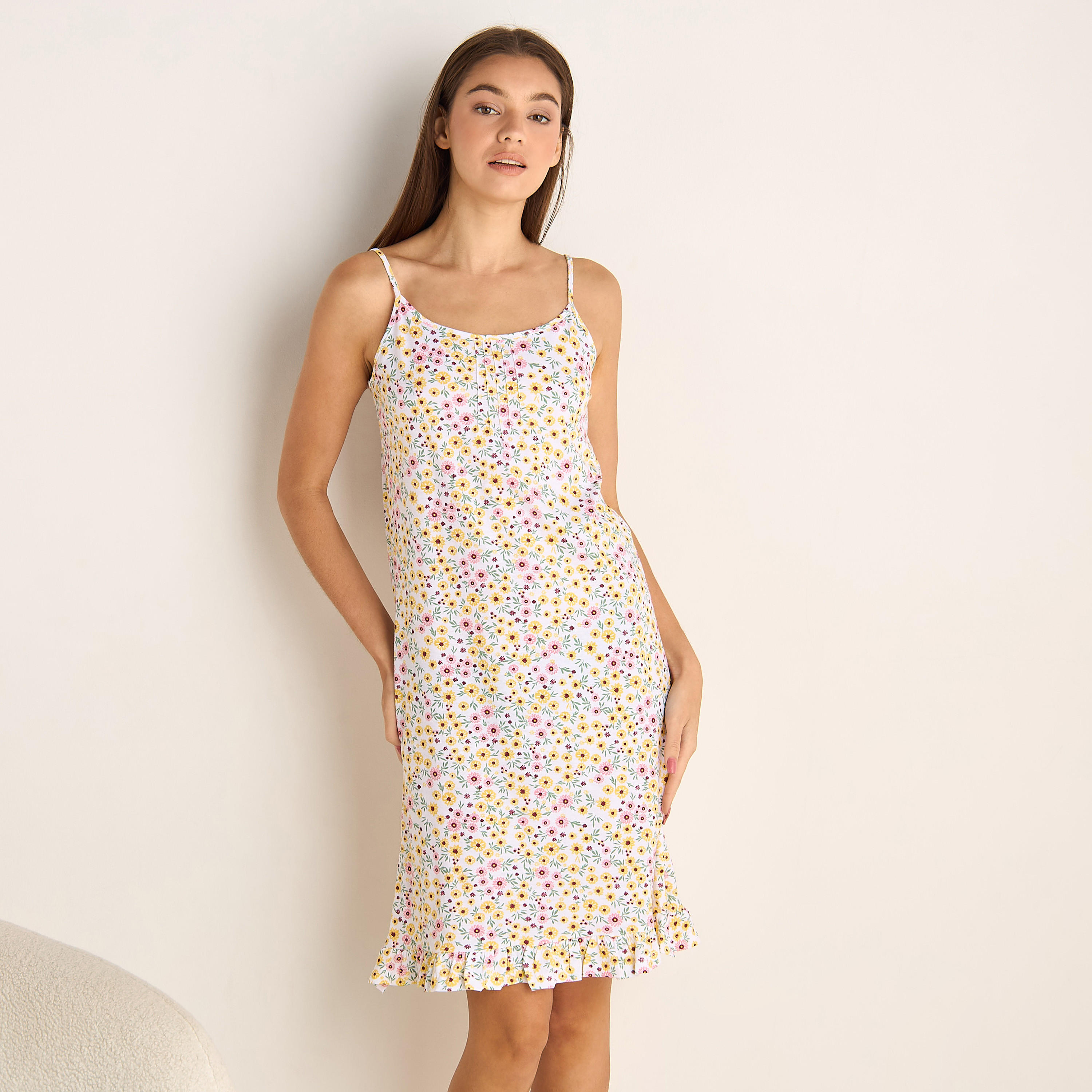 Set of 2 - Midi Slip Dress Strappy Ruffled Hem Cotton-women-clothing-nightwear-nighties-image-7