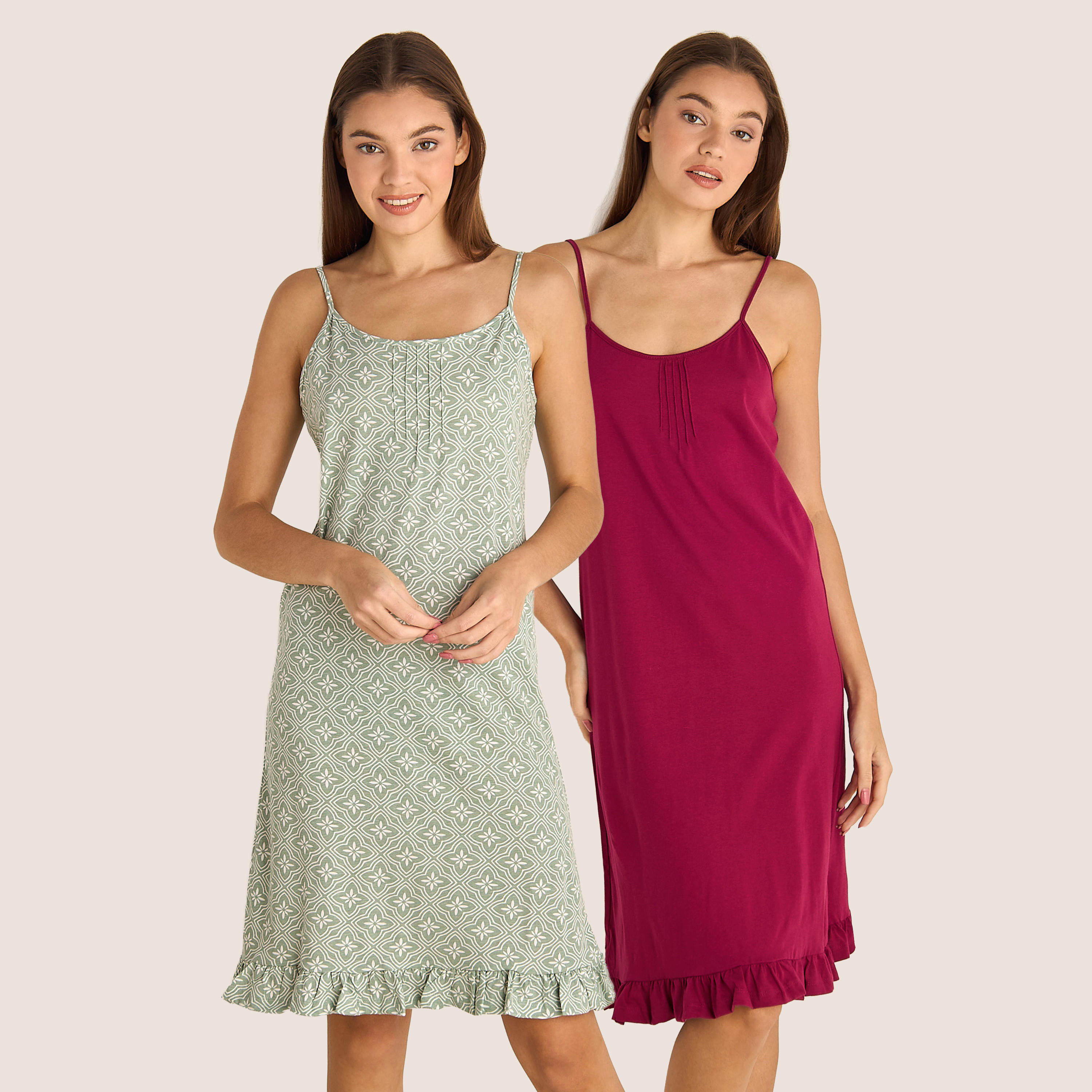 Set of 2 - Midi Slip Dress Strappy Ruffled Hem Cotton-women-clothing-nightwear-nighties-image-1