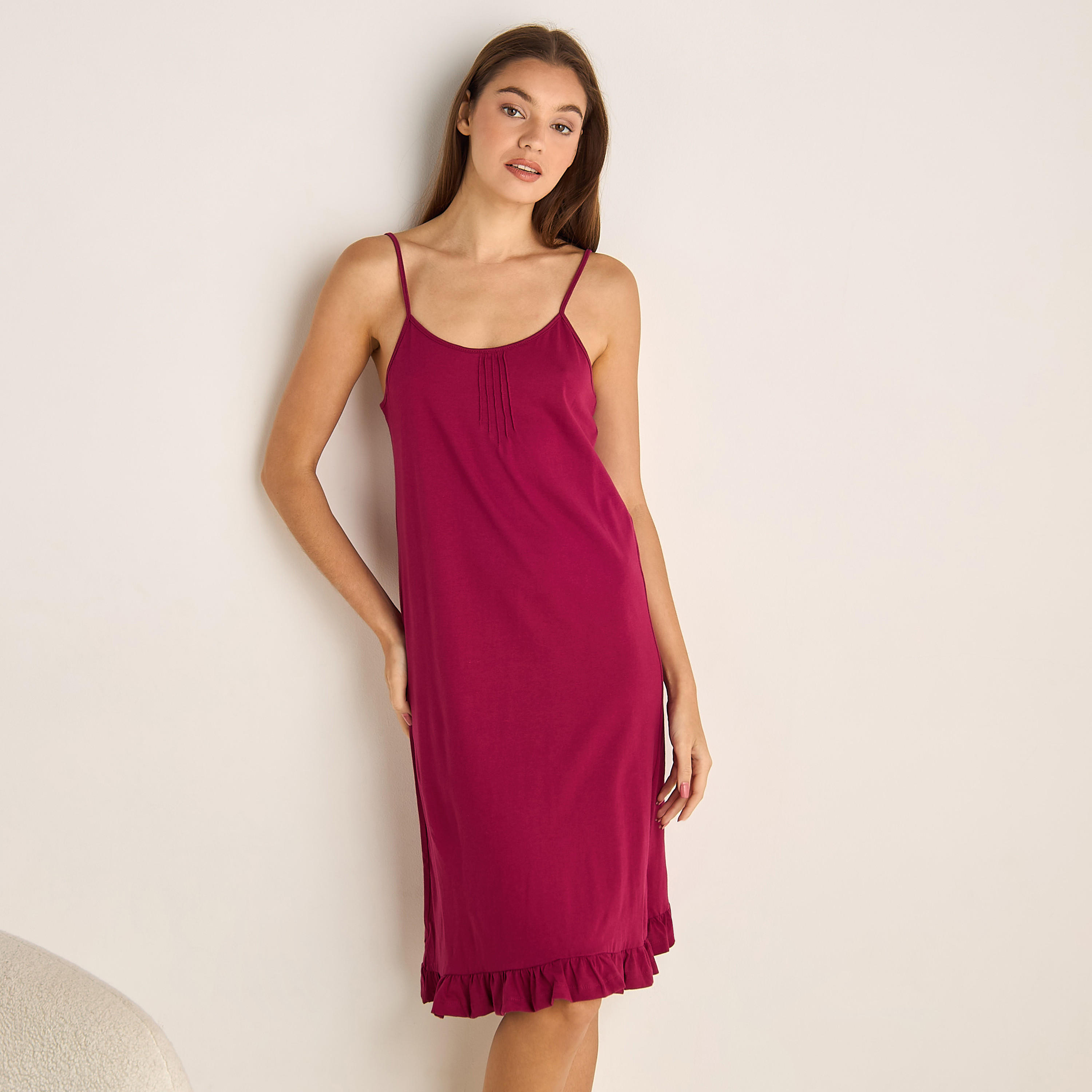 Set of 2 - Midi Slip Dress Strappy Ruffled Hem Cotton-women-clothing-nightwear-nighties-image-6
