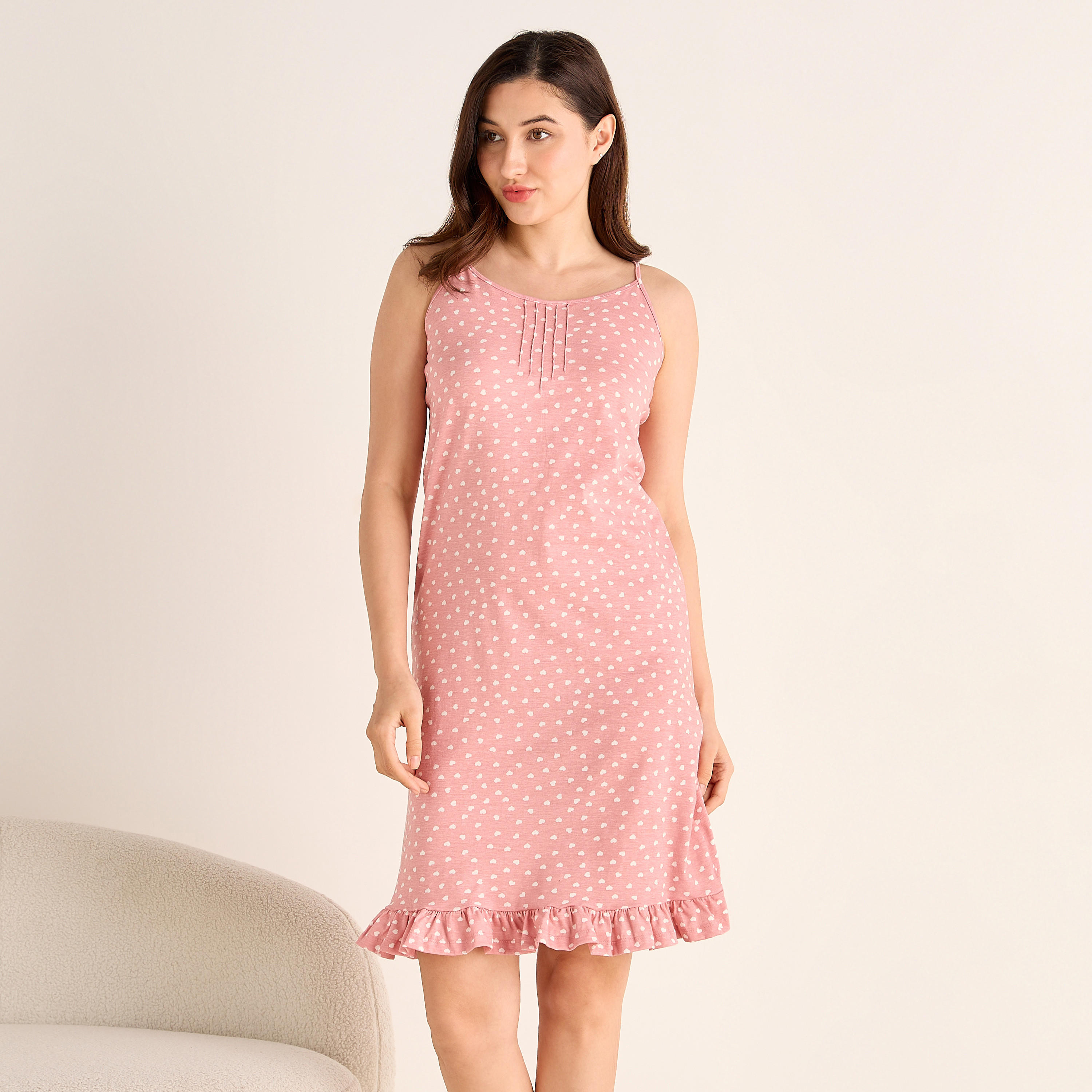 فستان نوم ميدي قطن بحمالات رفيعة وحافة كشكش – طقم قطعتين-women-clothing-nightwear-nighties-image-7