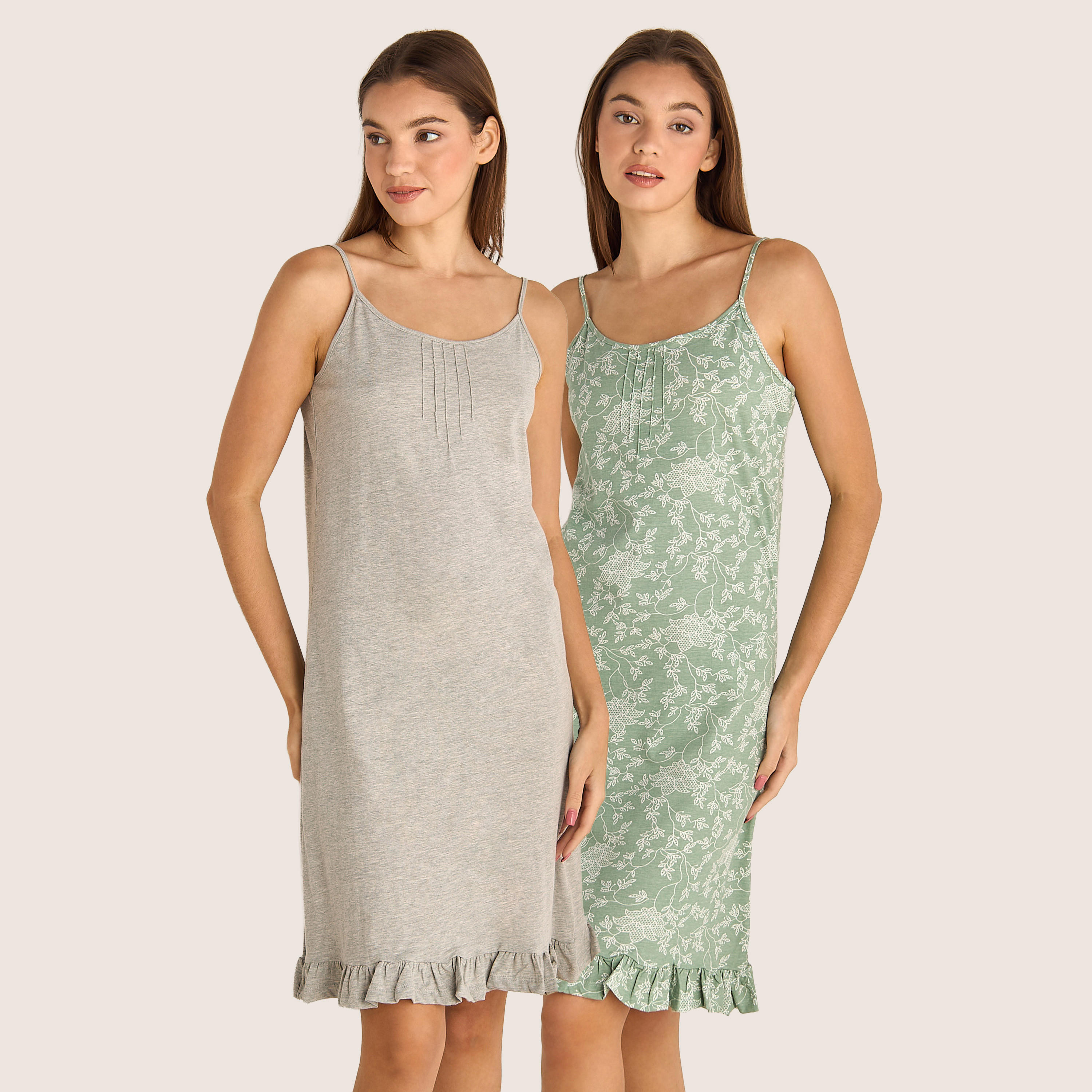 Set of 2 - Midi Slip Dress Strappy Ruffled Hem Cotton-women-clothing-nightwear-nighties-image-1