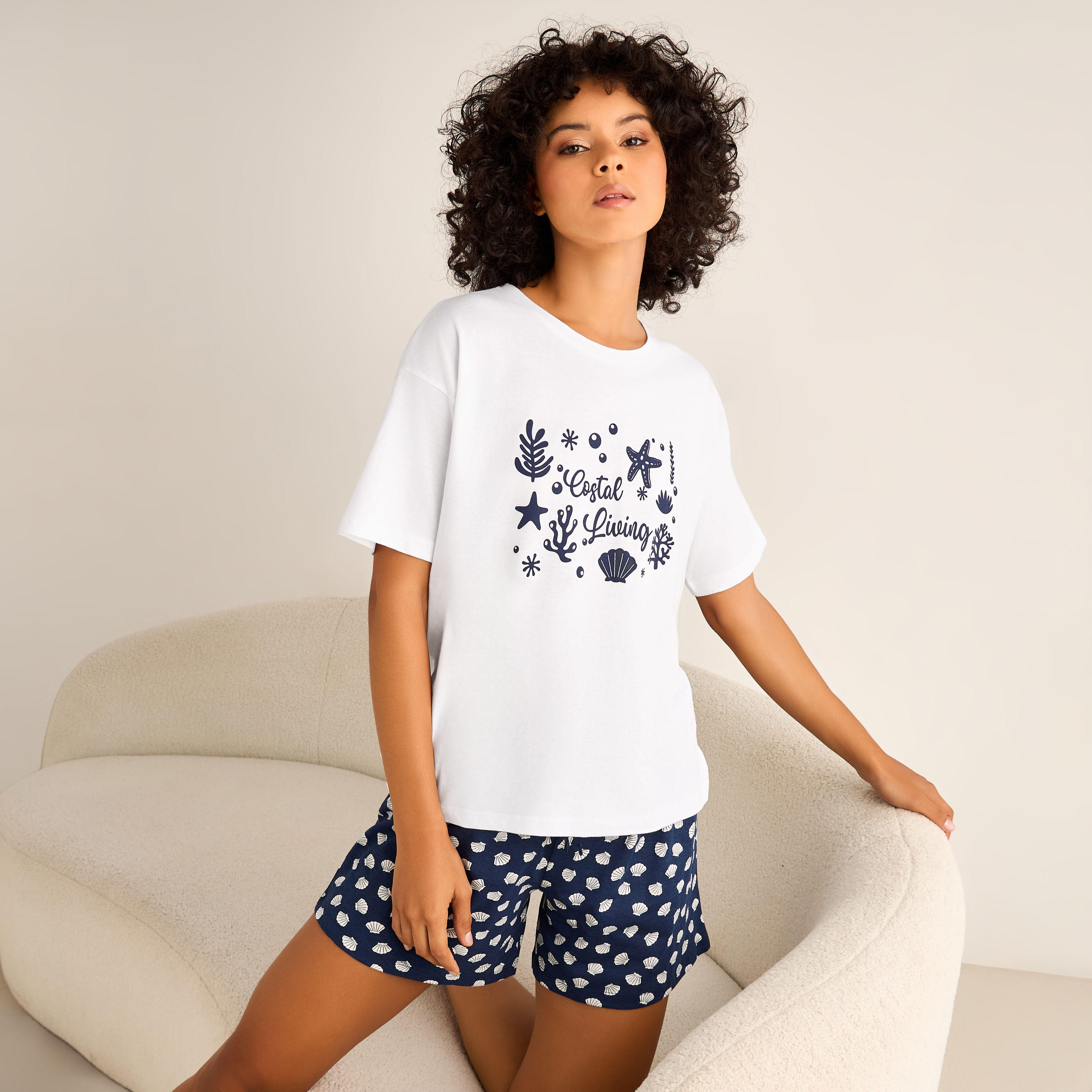 Pyjama Set Shell Print T-shirt & Shorts-women-clothing-nightwear-pyjamas-shortsets-image-1