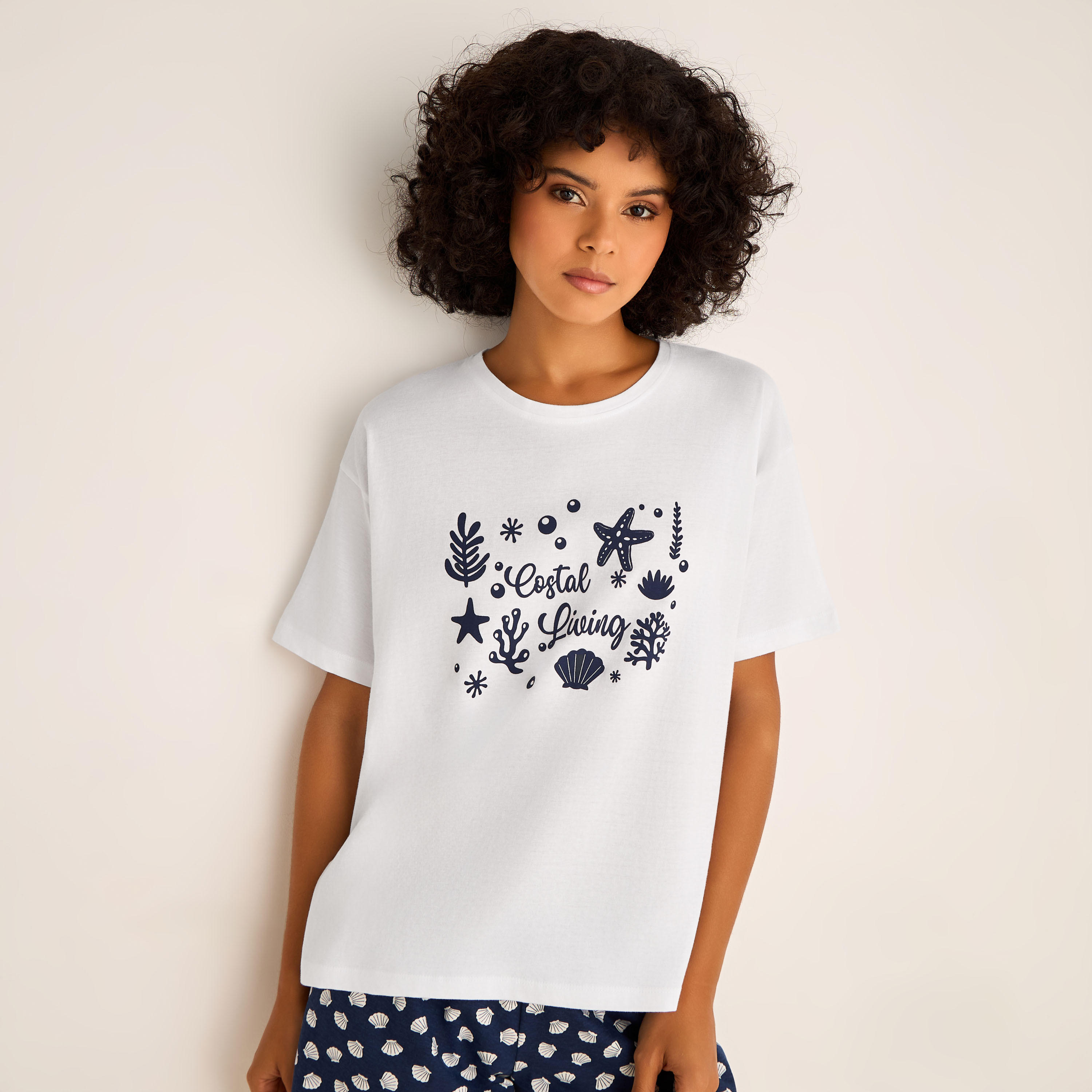 Pyjama Set Shell Print T-shirt & Shorts-women-clothing-nightwear-pyjamas-shortsets-image-2