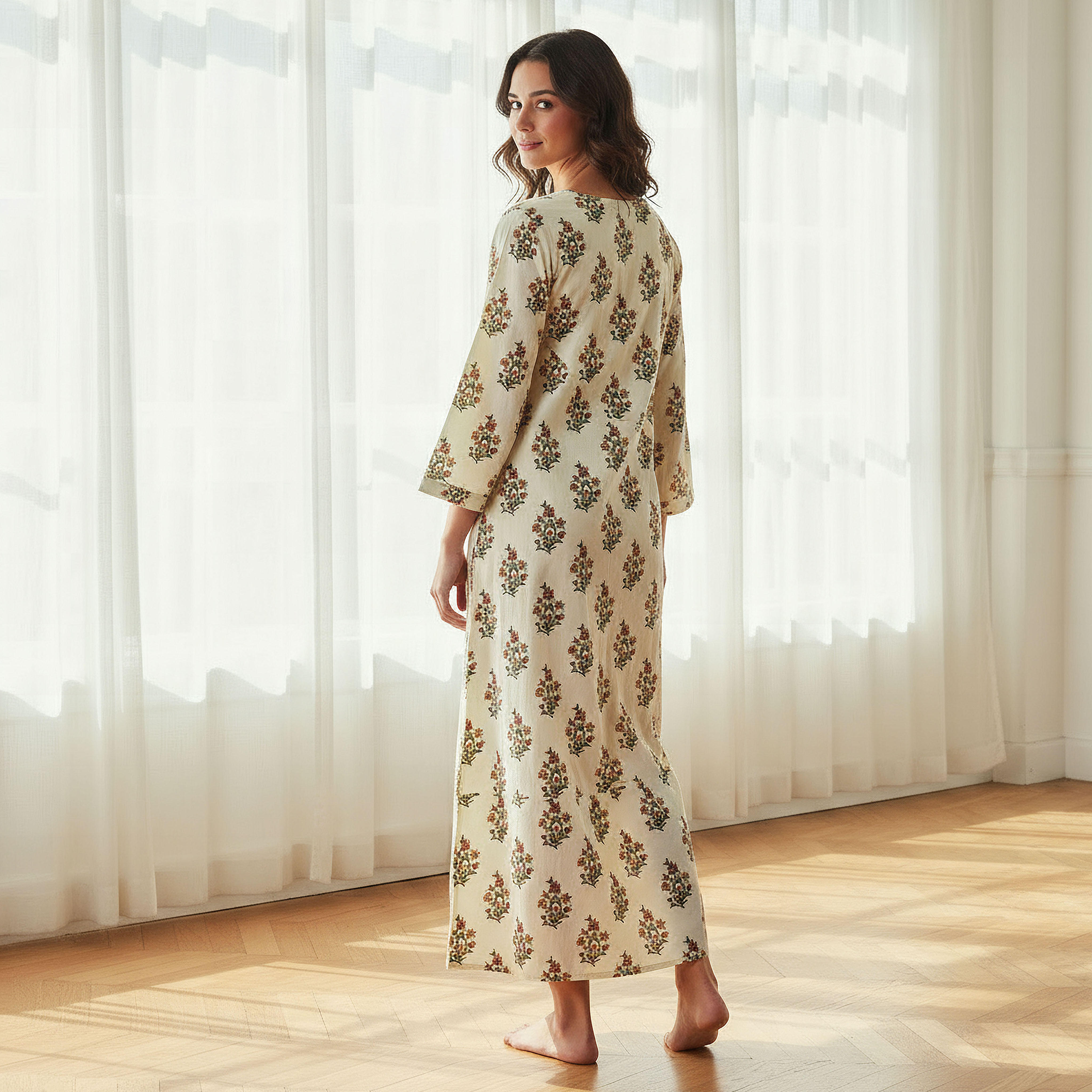 Night Dress Long Sleeves Printed Cotton-women-clothing-nightwear-nighties-image-3
