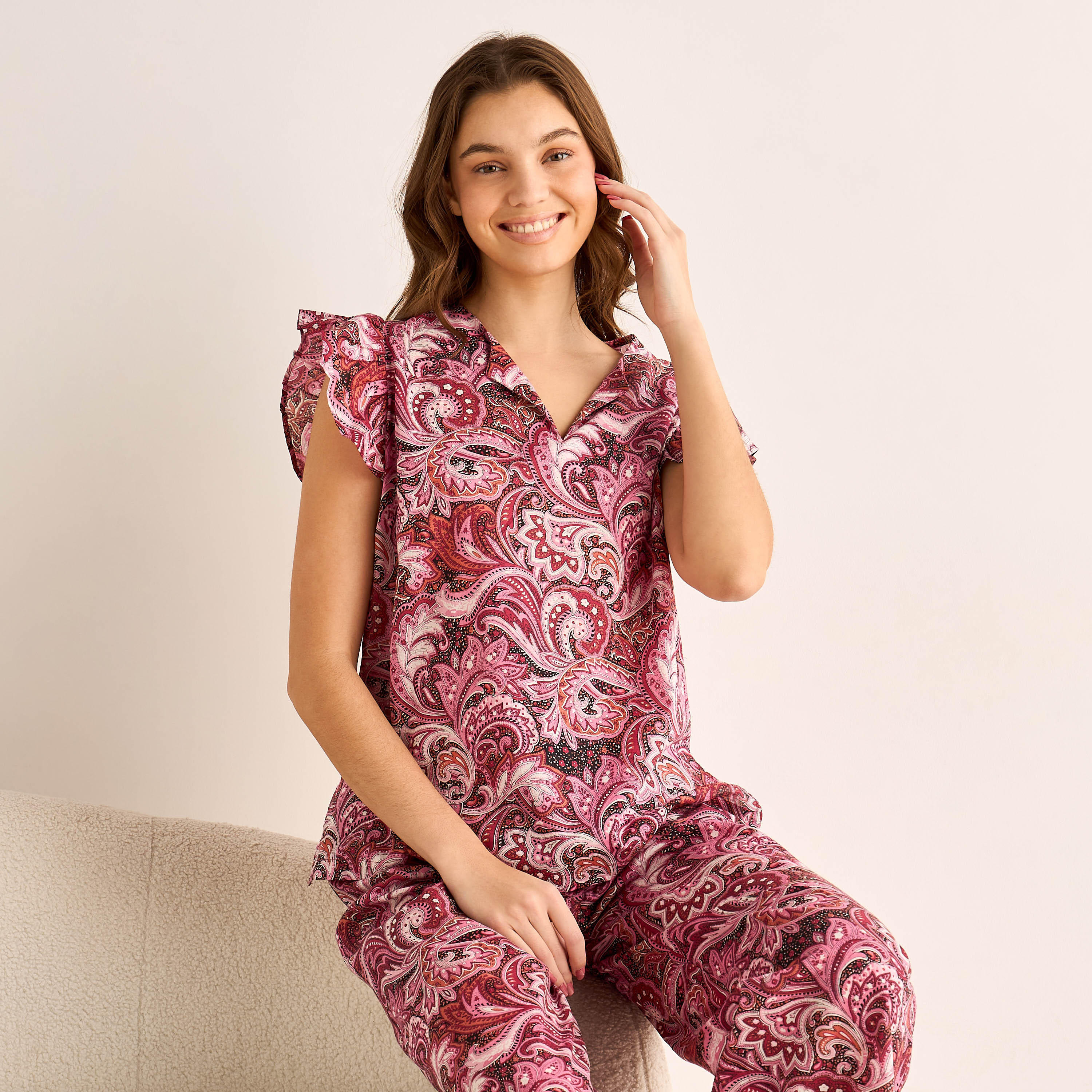 طقم بلوزة وبنطلون بيجاما قطن-women-clothing-nightwear-pyjamas-longsets-image-1