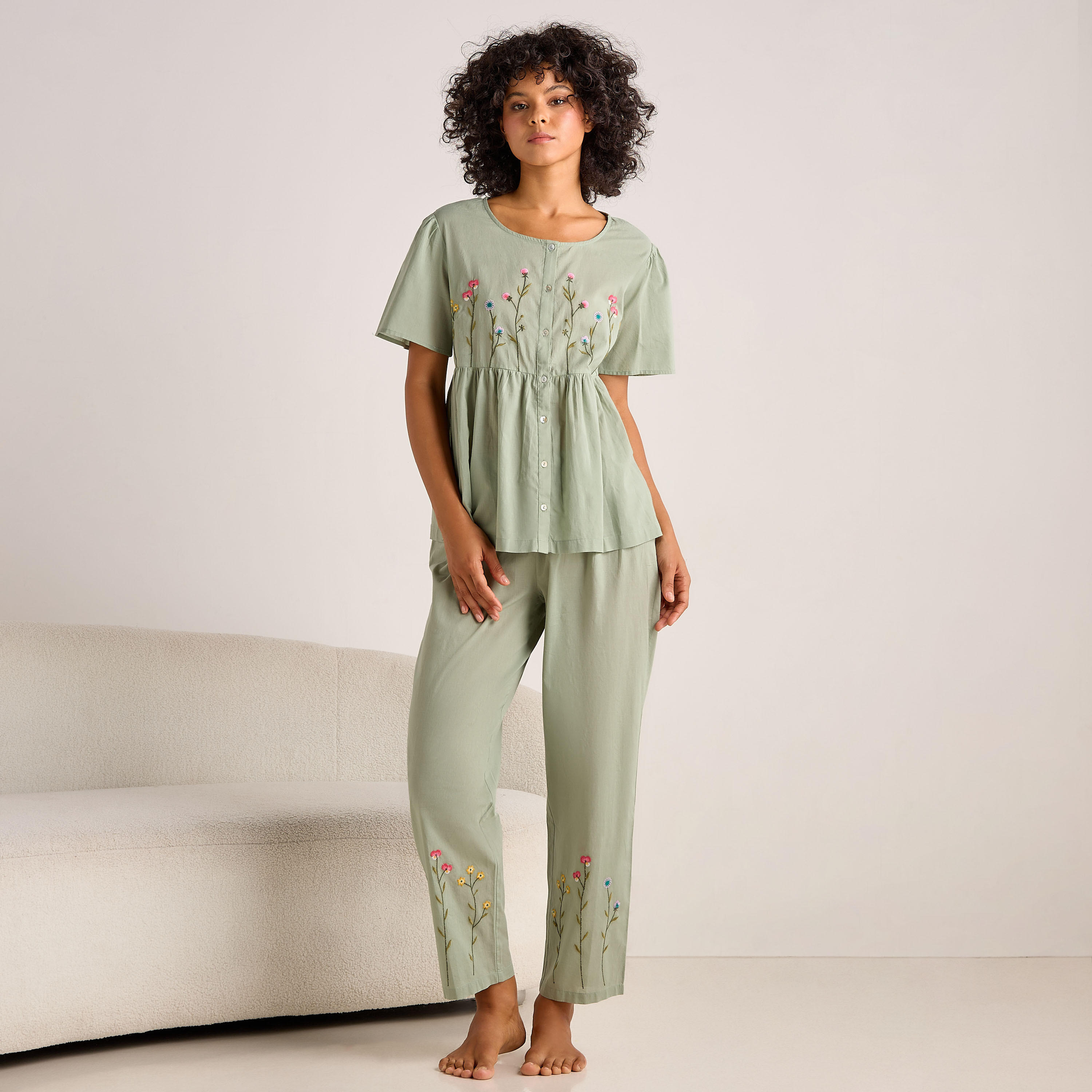 Pyjama Set Button-Down Top and Pants Cotton-women-clothing-nightwear-pyjamas-longsets-image-1