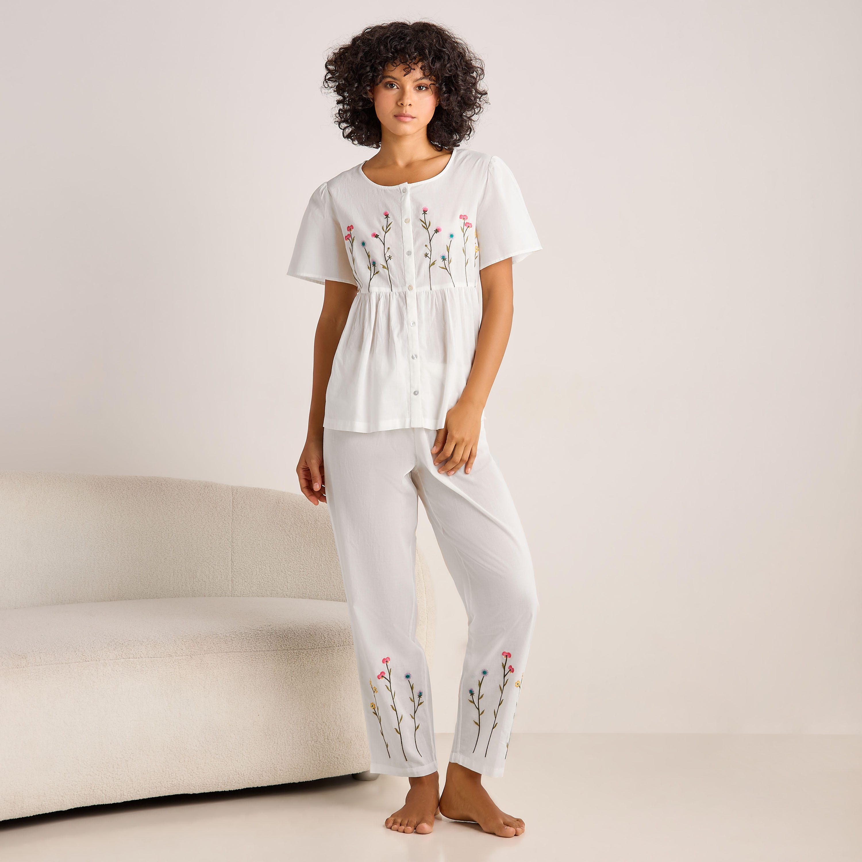 Pyjama Set Button-Down Top and Pants Cotton-women-clothing-nightwear-pyjamas-longsets-image-1