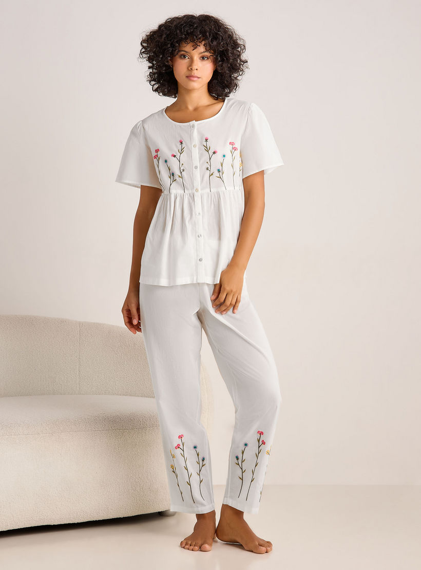 طقم بيجاما قطن من بنطلون وبلوزة بأزرار-women-clothing-nightwear-pyjamas-longsets-image-1
