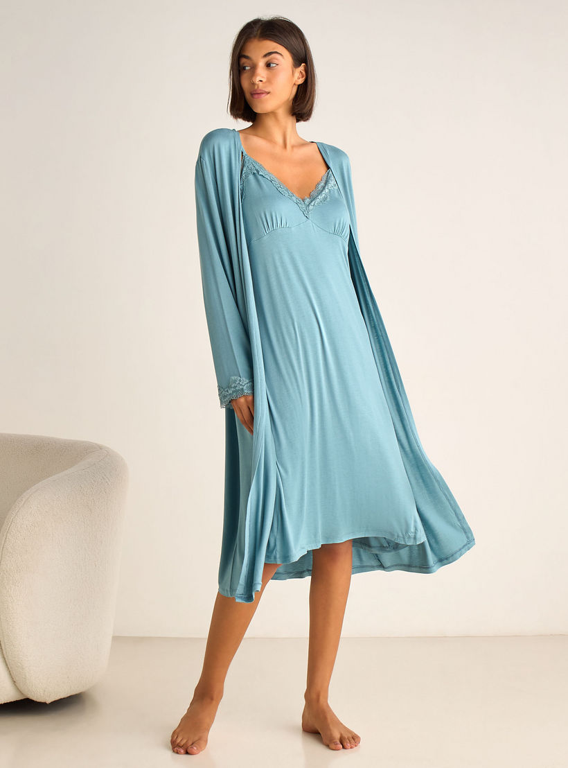 فستان نوم دون أكمام بتفاصيل دانتيل مع روب-women-clothing-nightwear-nighties-image-2