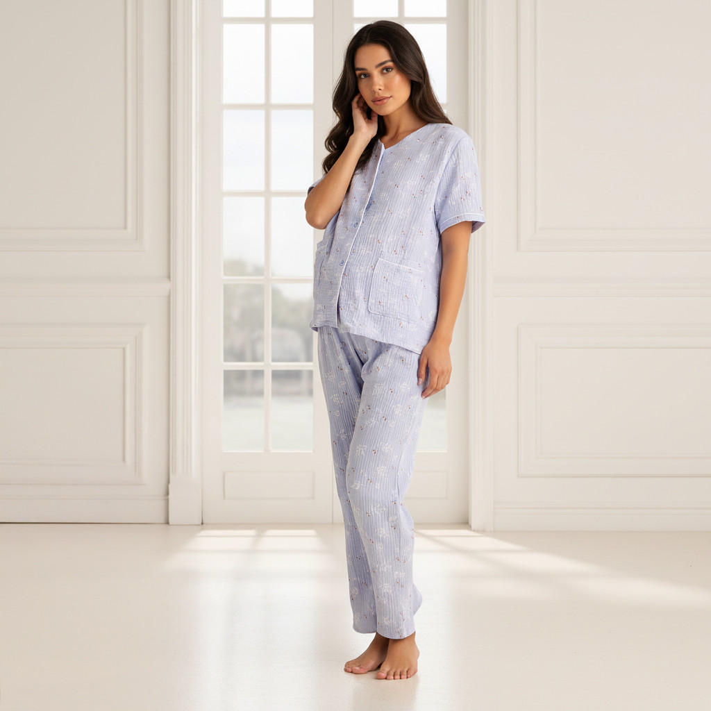طقم بيجاما قطن للحوامل قميص وبنطلون-women-clothing-nightwear-pyjamas-longsets-image-1