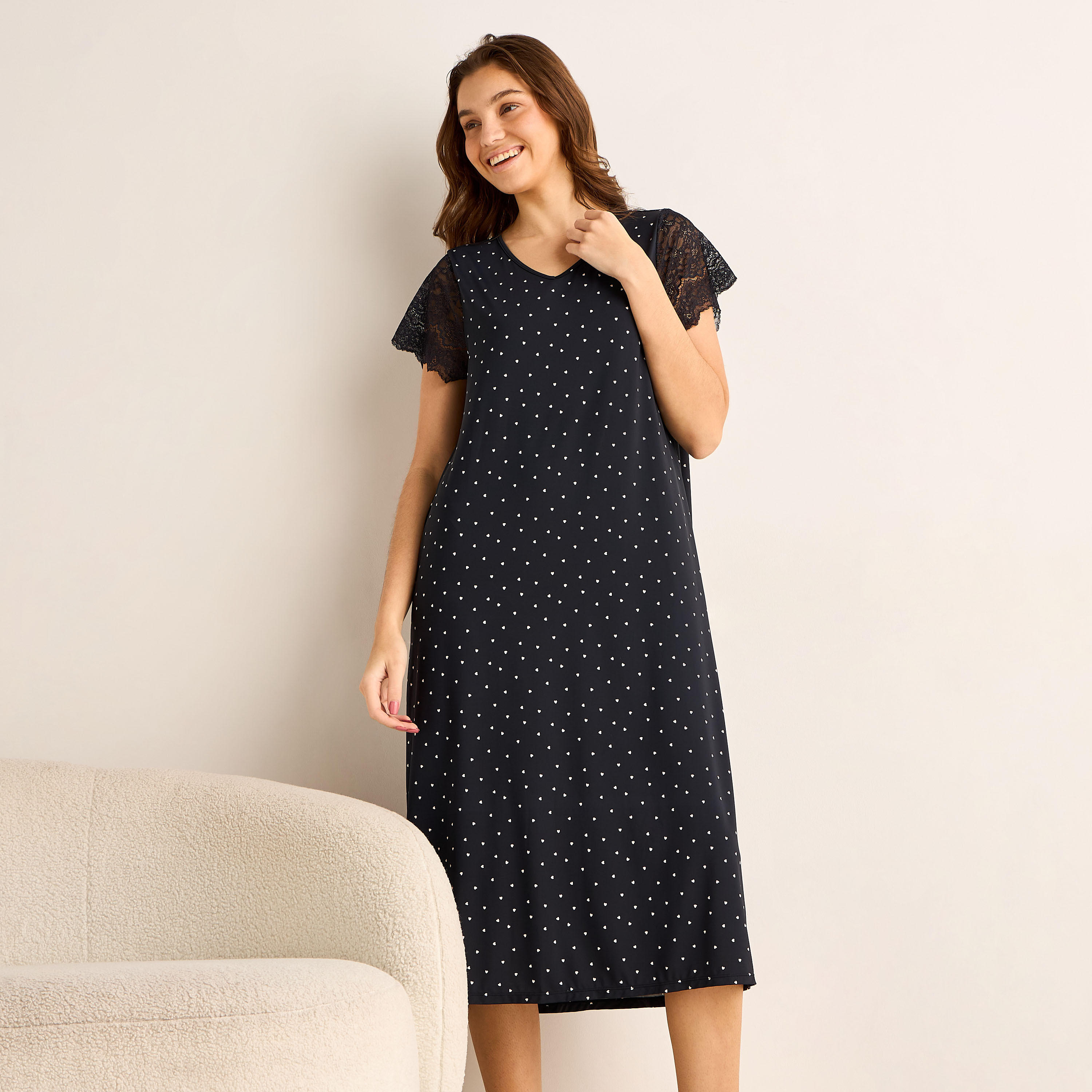 Night Dress Short Sleeve Heart Print-women-clothing-nightwear-nighties-image-1