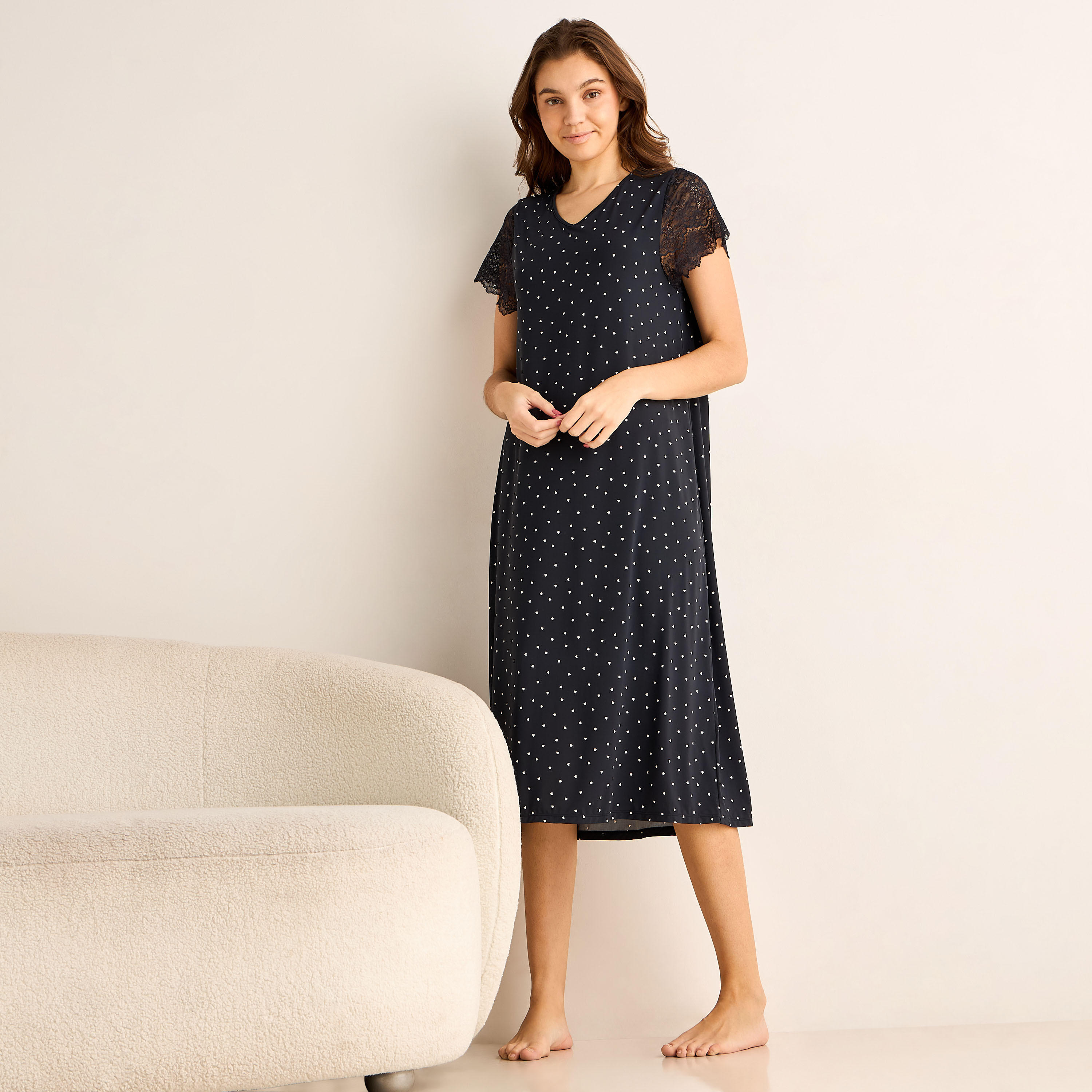 Night Dress Short Sleeve Heart Print-women-clothing-nightwear-nighties-image-2