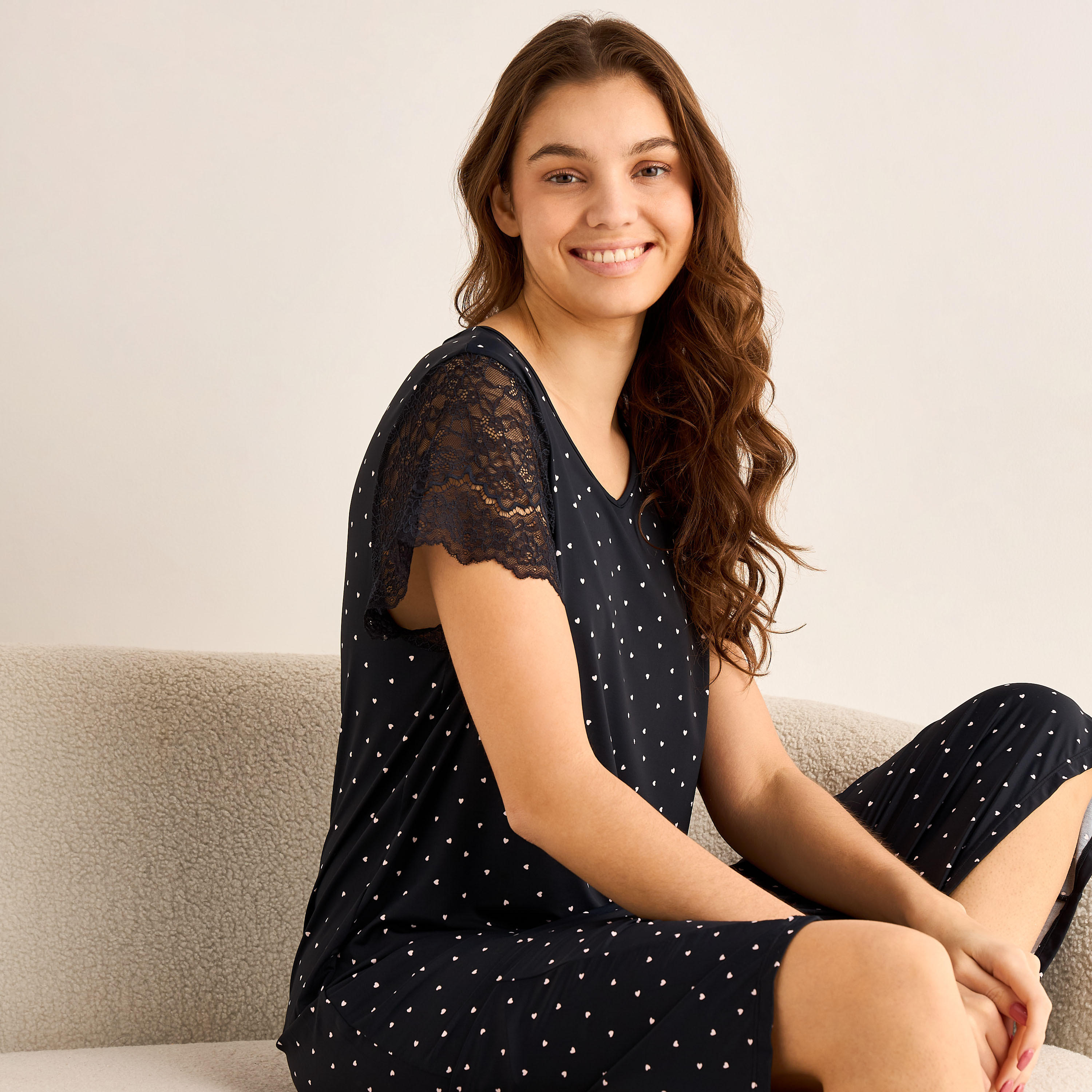 Night Dress Short Sleeve Heart Print-women-clothing-nightwear-nighties-image-5