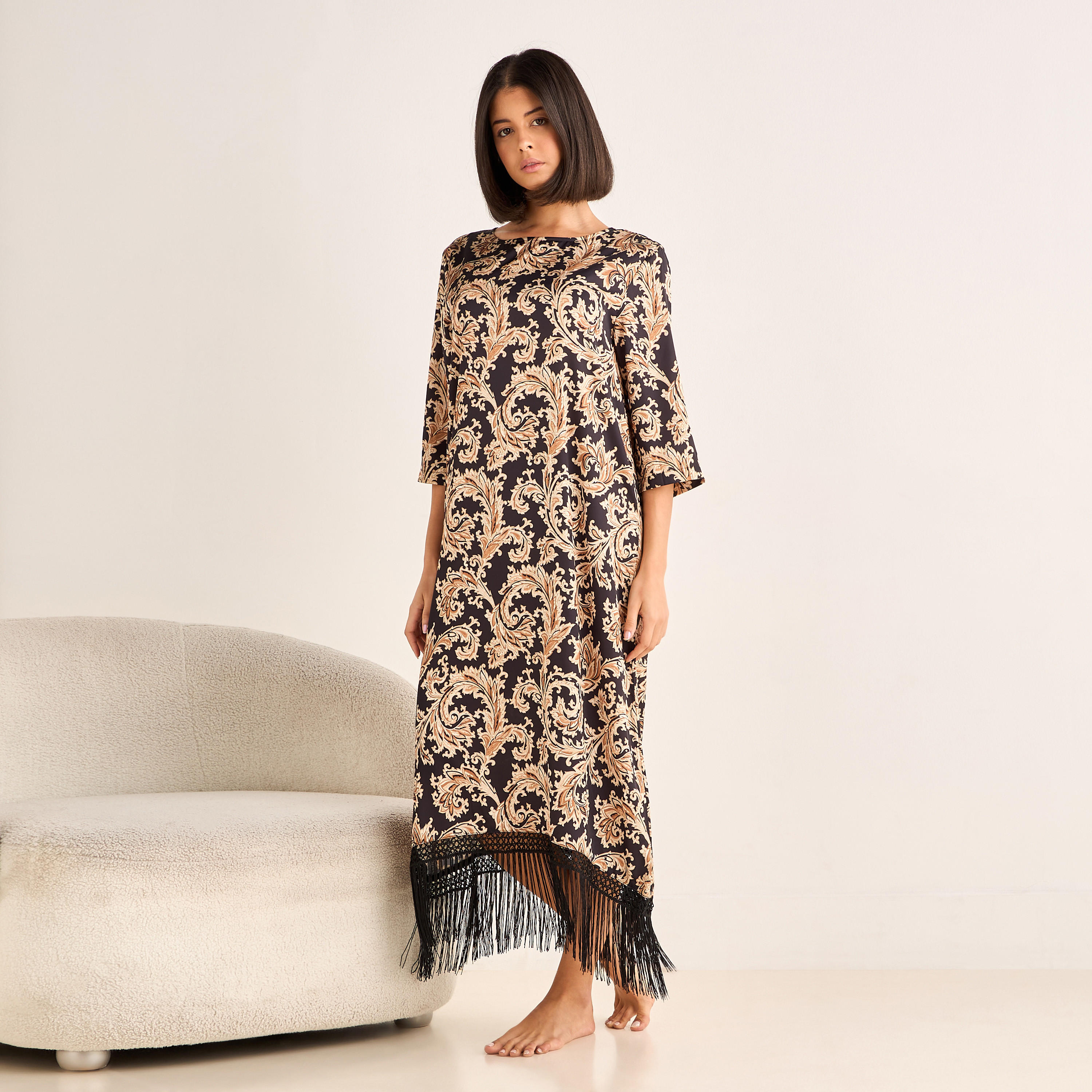 Night Gown 3/4 Sleeve Printed Satin-women-clothing-nightwear-nighties-image-1