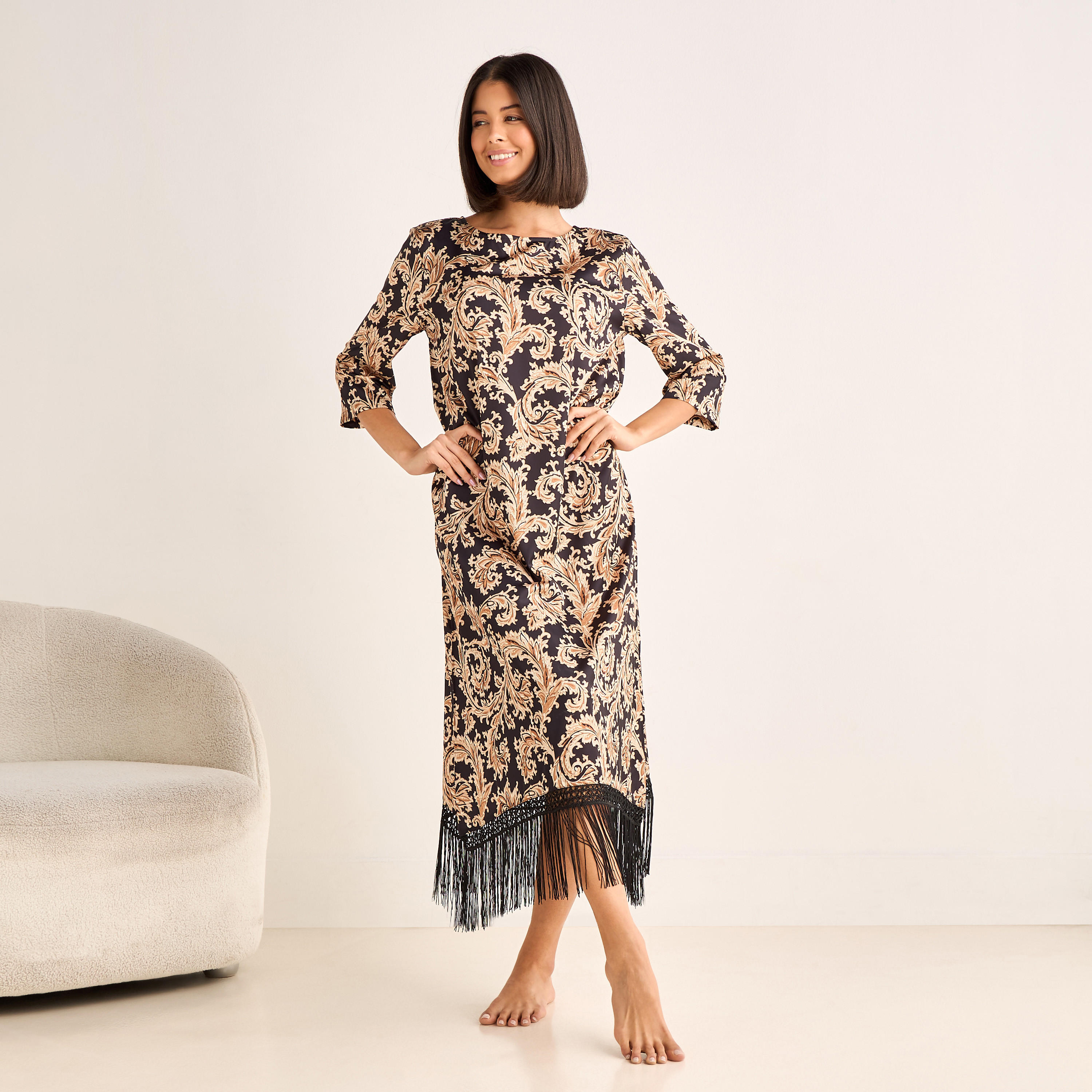 Night Gown 3/4 Sleeve Printed Satin-women-clothing-nightwear-nighties-image-2