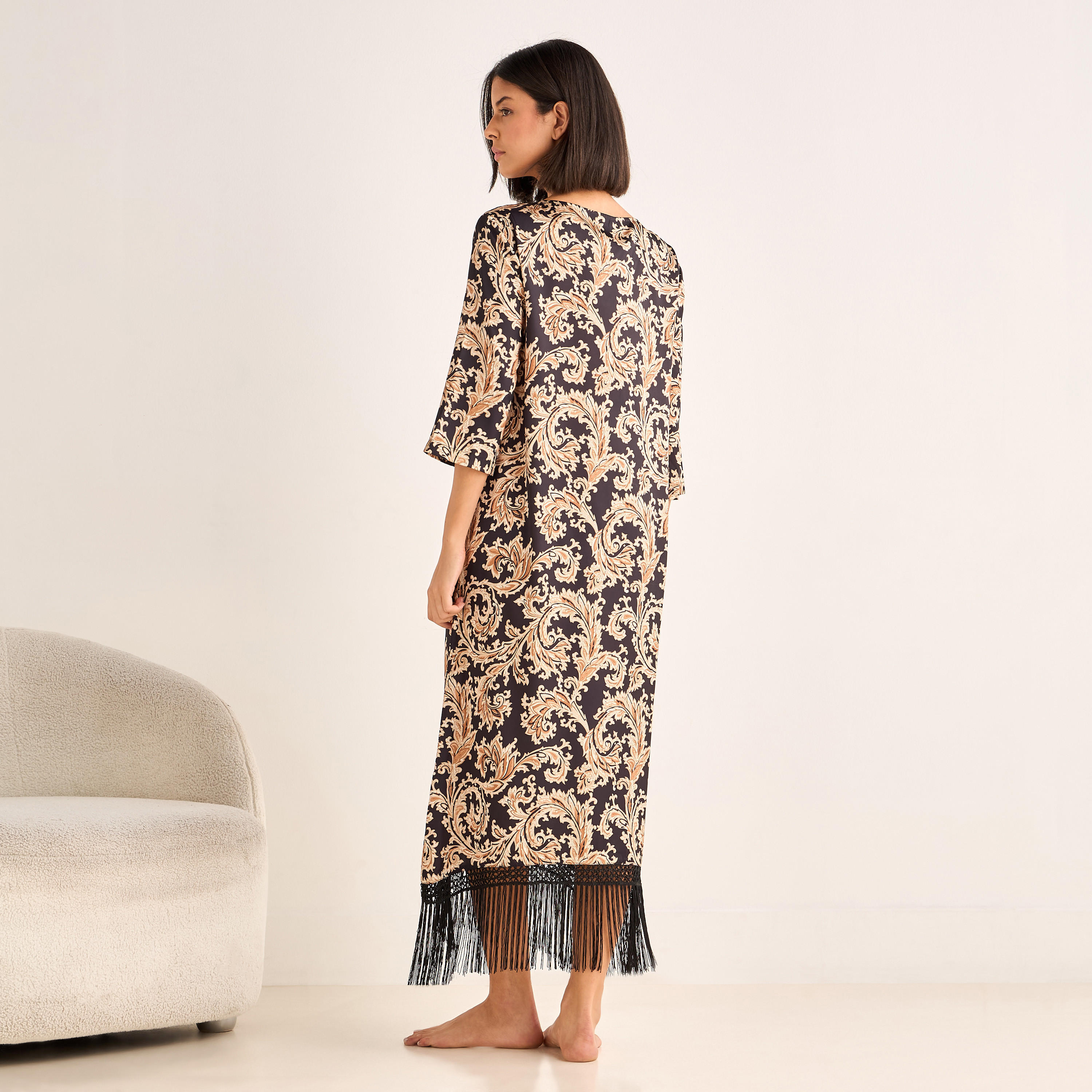 Night Gown 3/4 Sleeve Printed Satin-women-clothing-nightwear-nighties-image-3