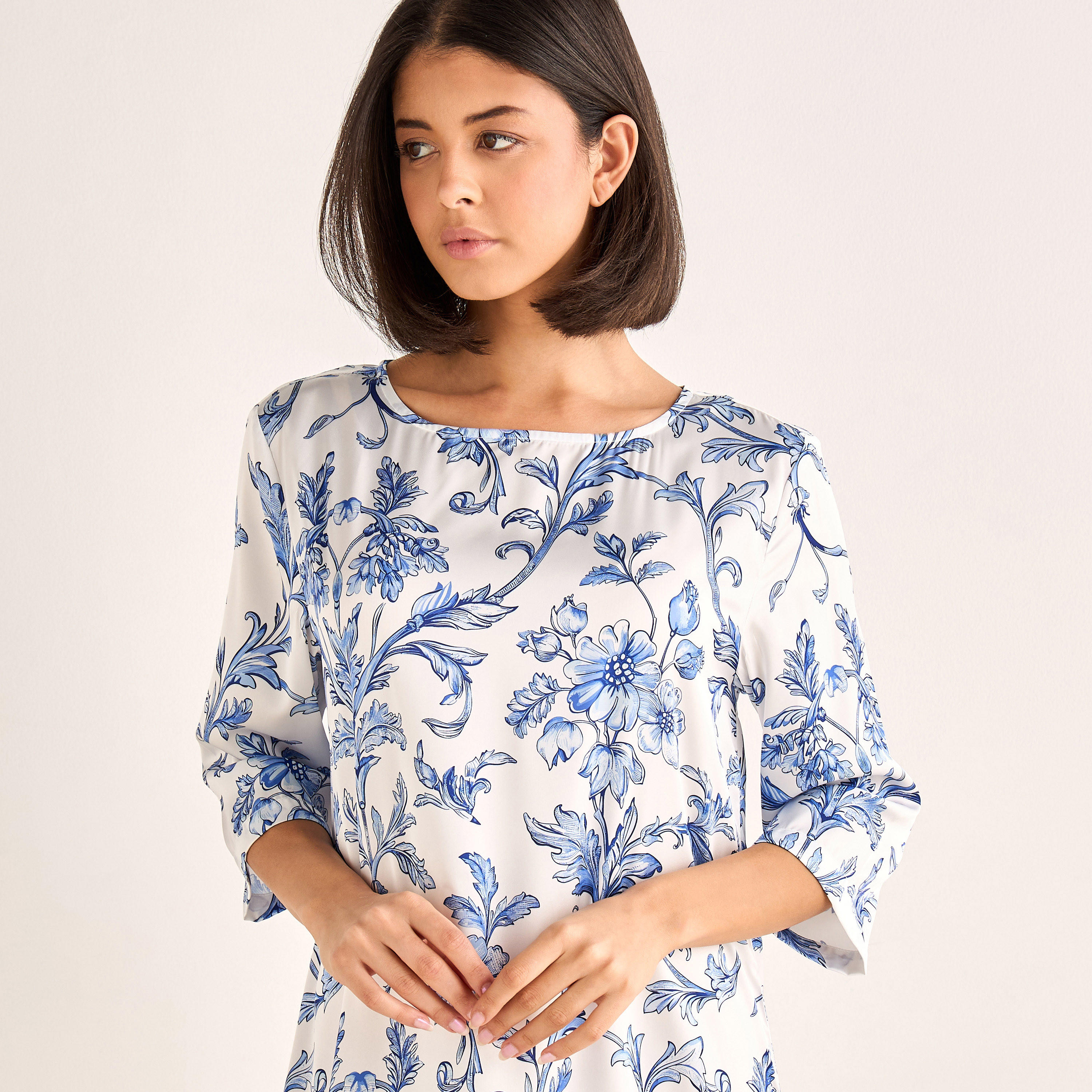 Night Gown 3/4 Sleeve Printed Satin-women-clothing-nightwear-nighties-image-4