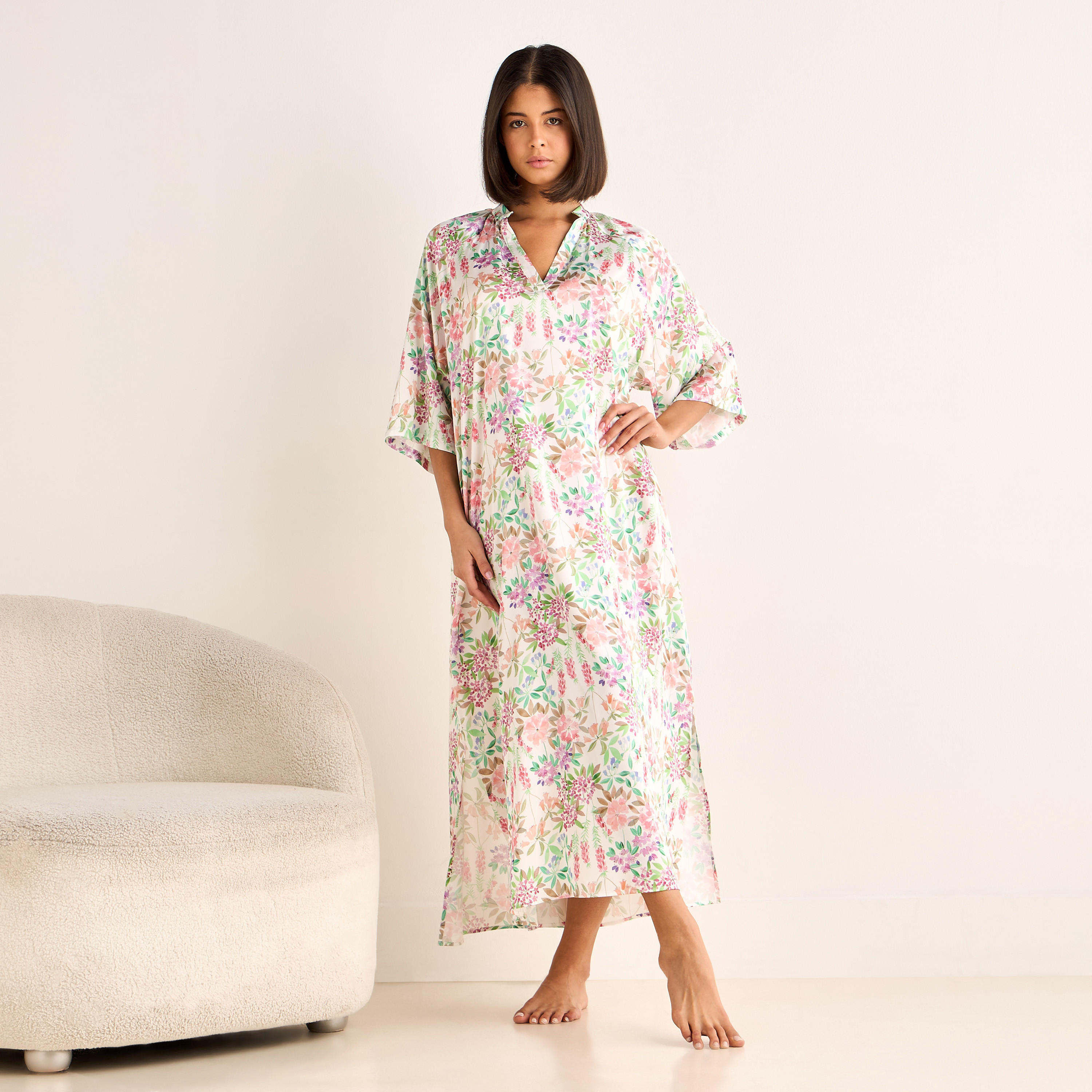 Night Gown 3/4 Sleeve Floral Print-women-clothing-nightwear-nighties-image-1