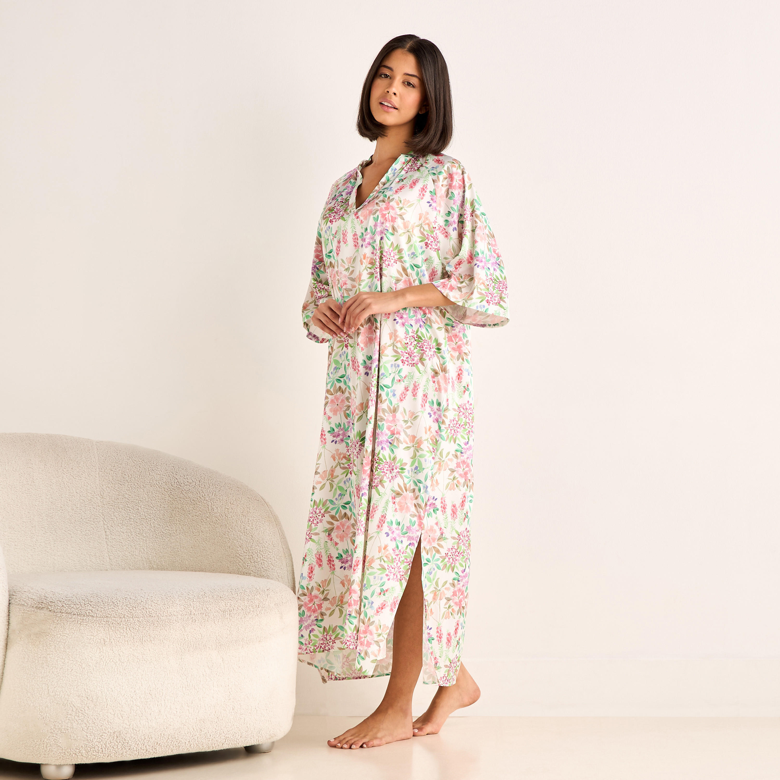 Night Gown 3/4 Sleeve Floral Print-women-clothing-nightwear-nighties-image-2