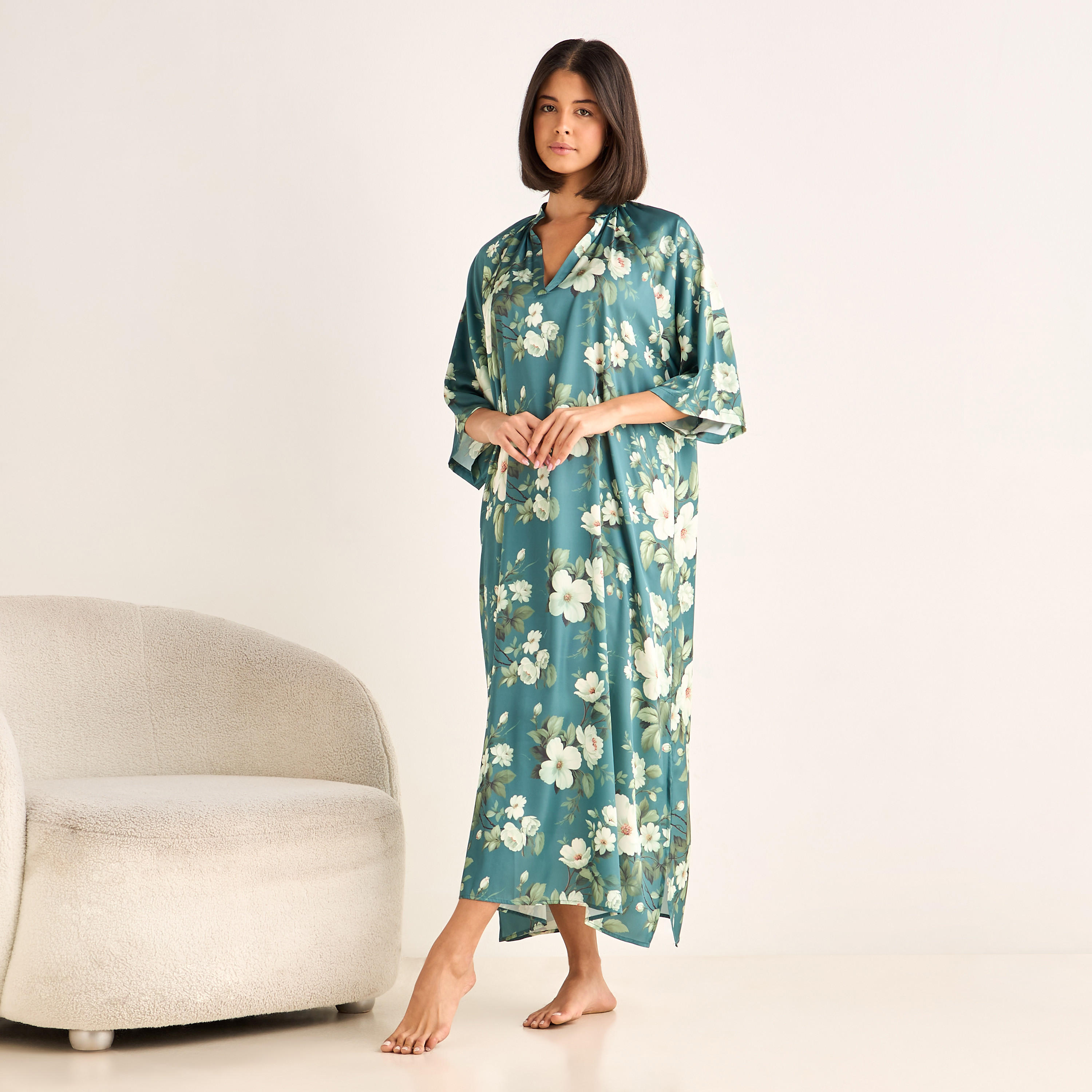 Night Gown 3/4 Sleeve Floral Print-women-clothing-nightwear-nighties-image-1