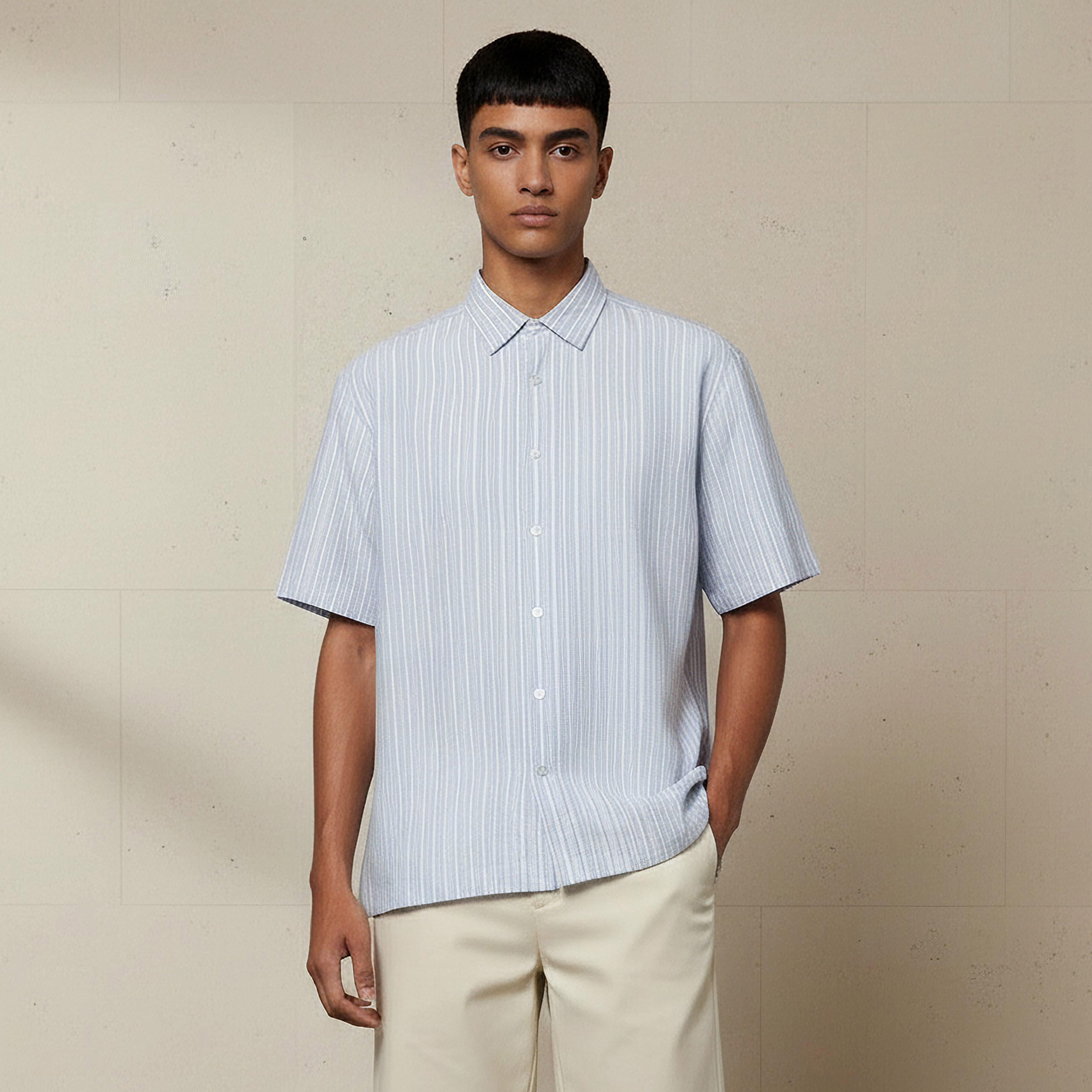 قميص مقلم بياقة وأكمام قصيرة وقصة عادية للرجال-men-clothing-shirts-image-5