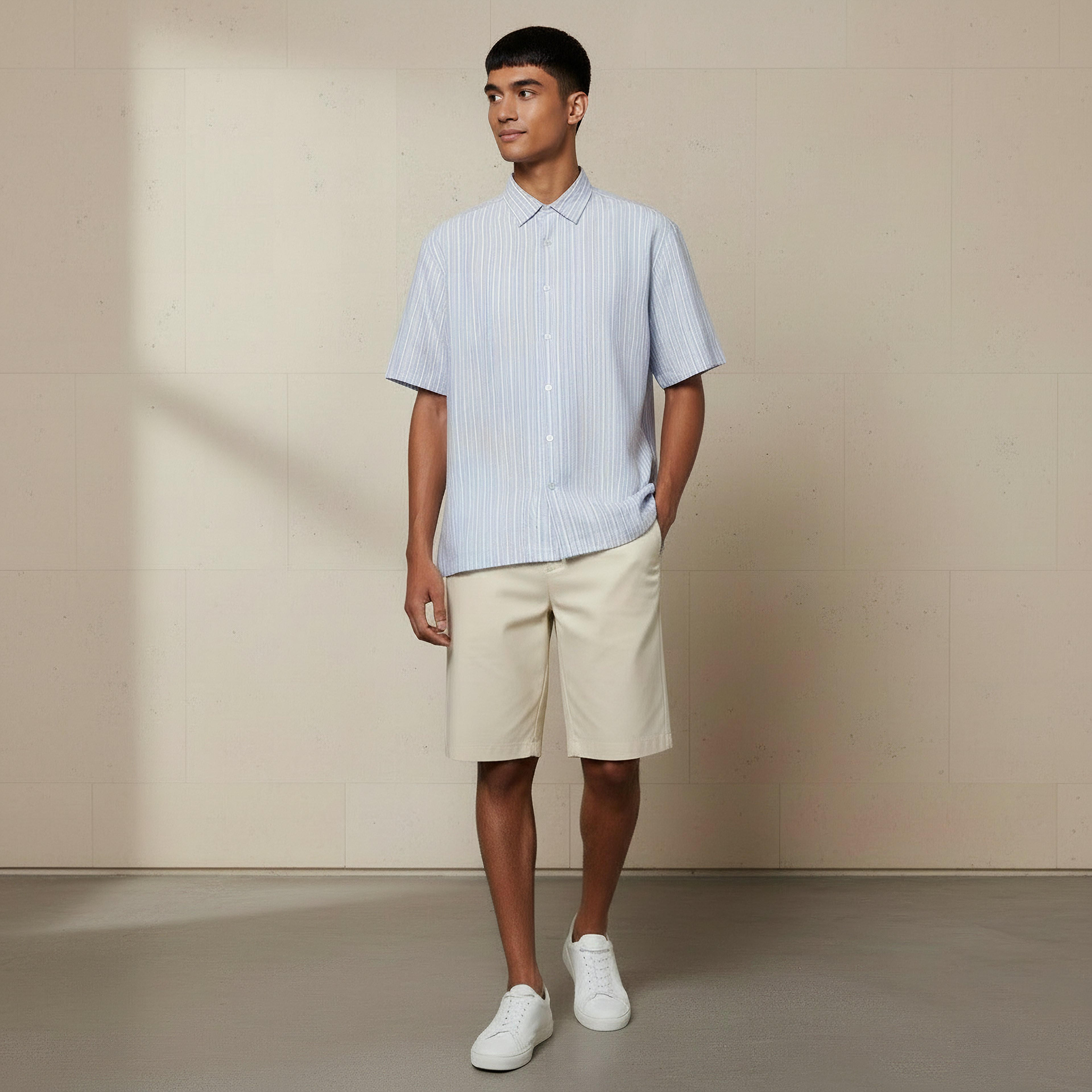 قميص مقلم بياقة وأكمام قصيرة وقصة عادية للرجال-men-clothing-shirts-image-4