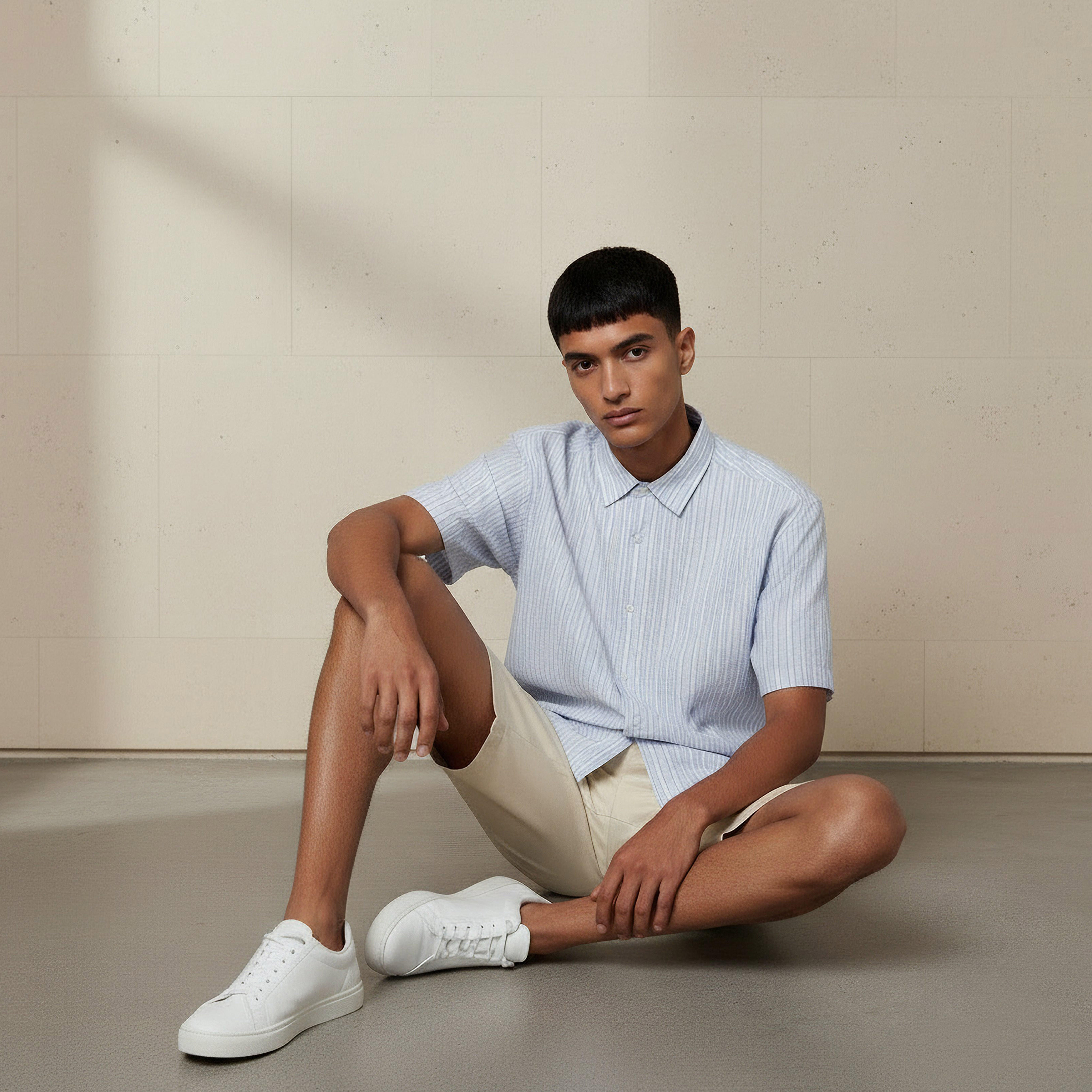 قميص مقلم بياقة وأكمام قصيرة وقصة عادية للرجال-men-clothing-shirts-image-1