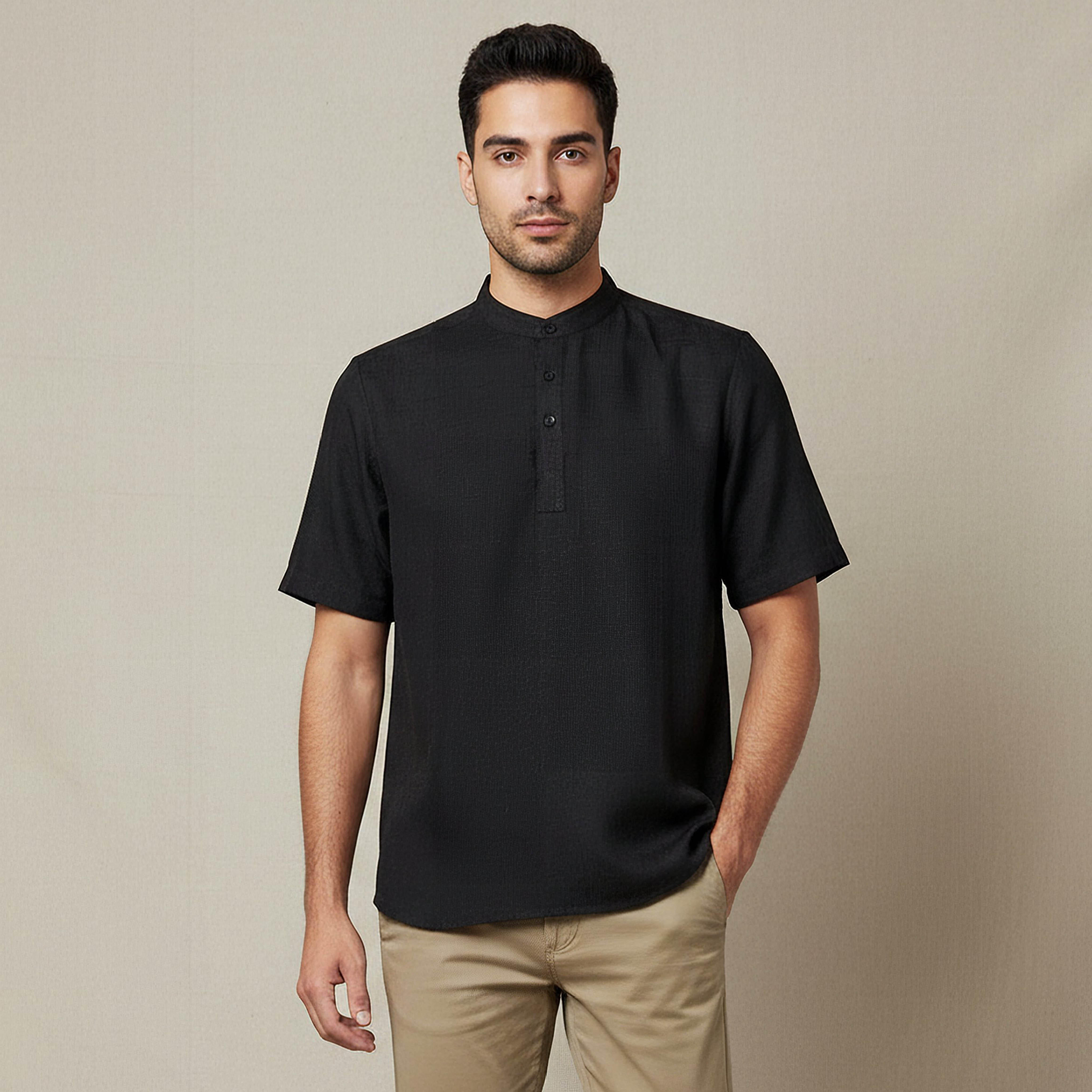 Men Mandarin Neck Short Sleeves Linen Look Shirt-men-clothing-tshirtsandpolos-tshirts-image-1