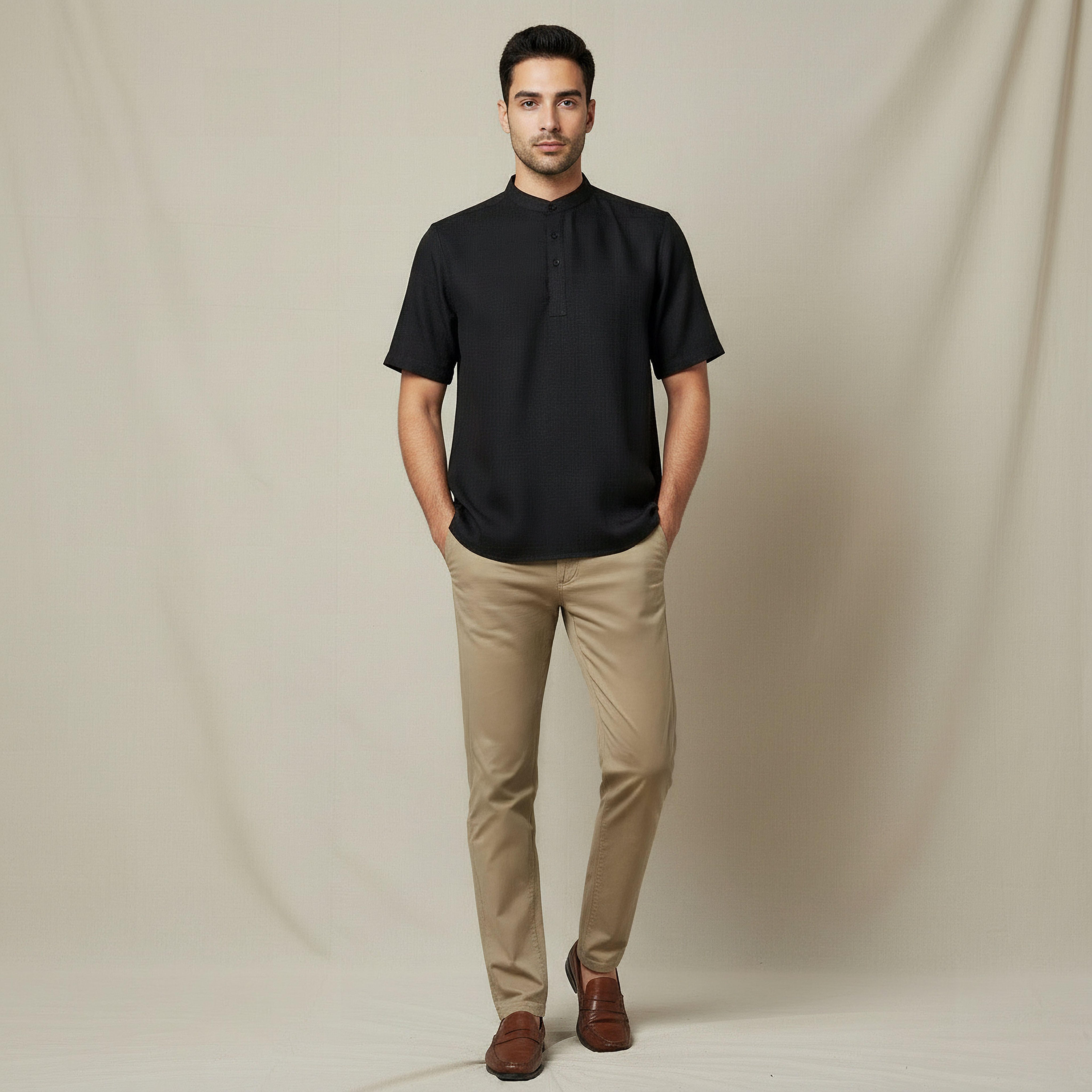 Men Mandarin Neck Short Sleeves Linen Look Shirt-men-clothing-tshirtsandpolos-tshirts-image-2
