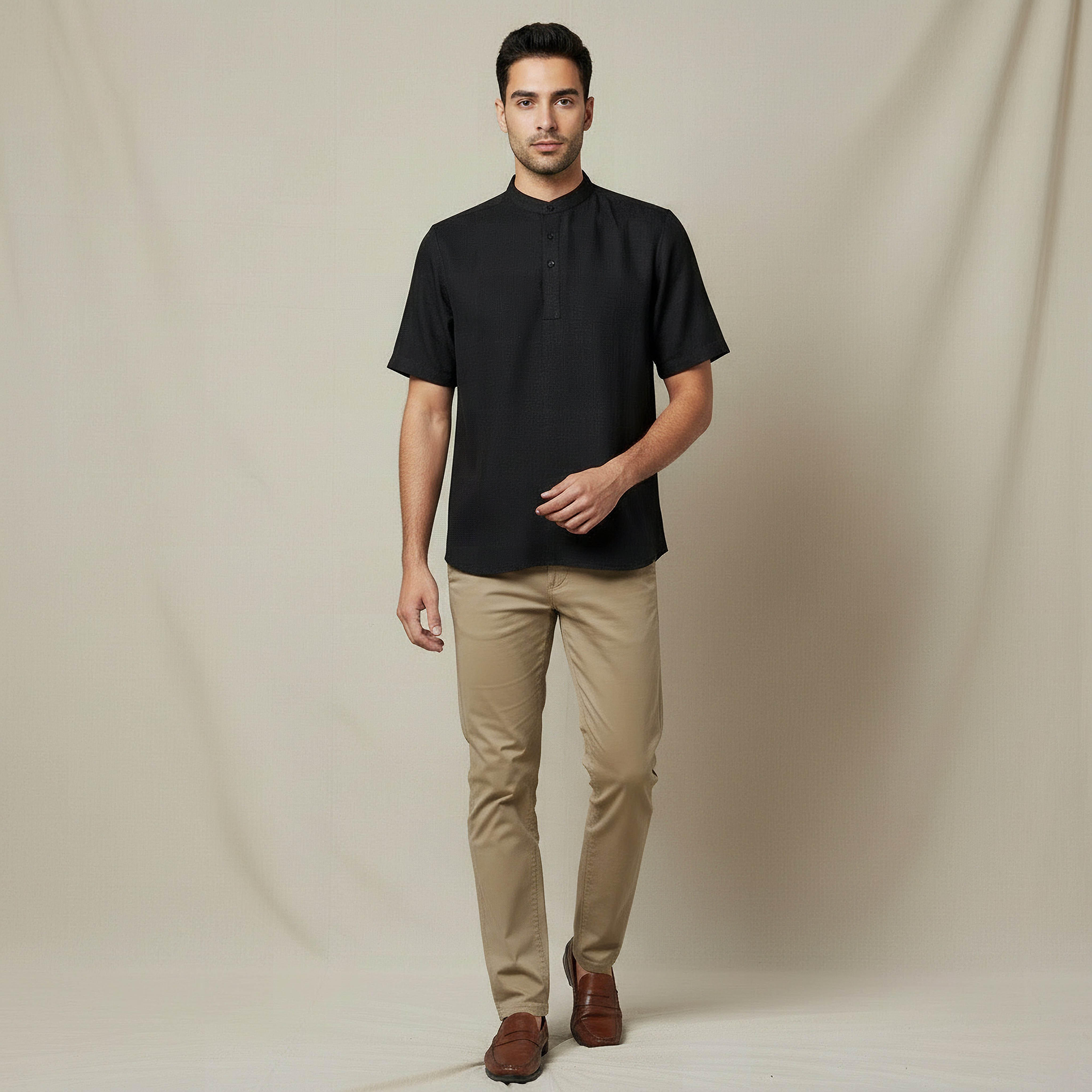 Men Mandarin Neck Short Sleeves Linen Look Shirt-men-clothing-tshirtsandpolos-tshirts-image-5
