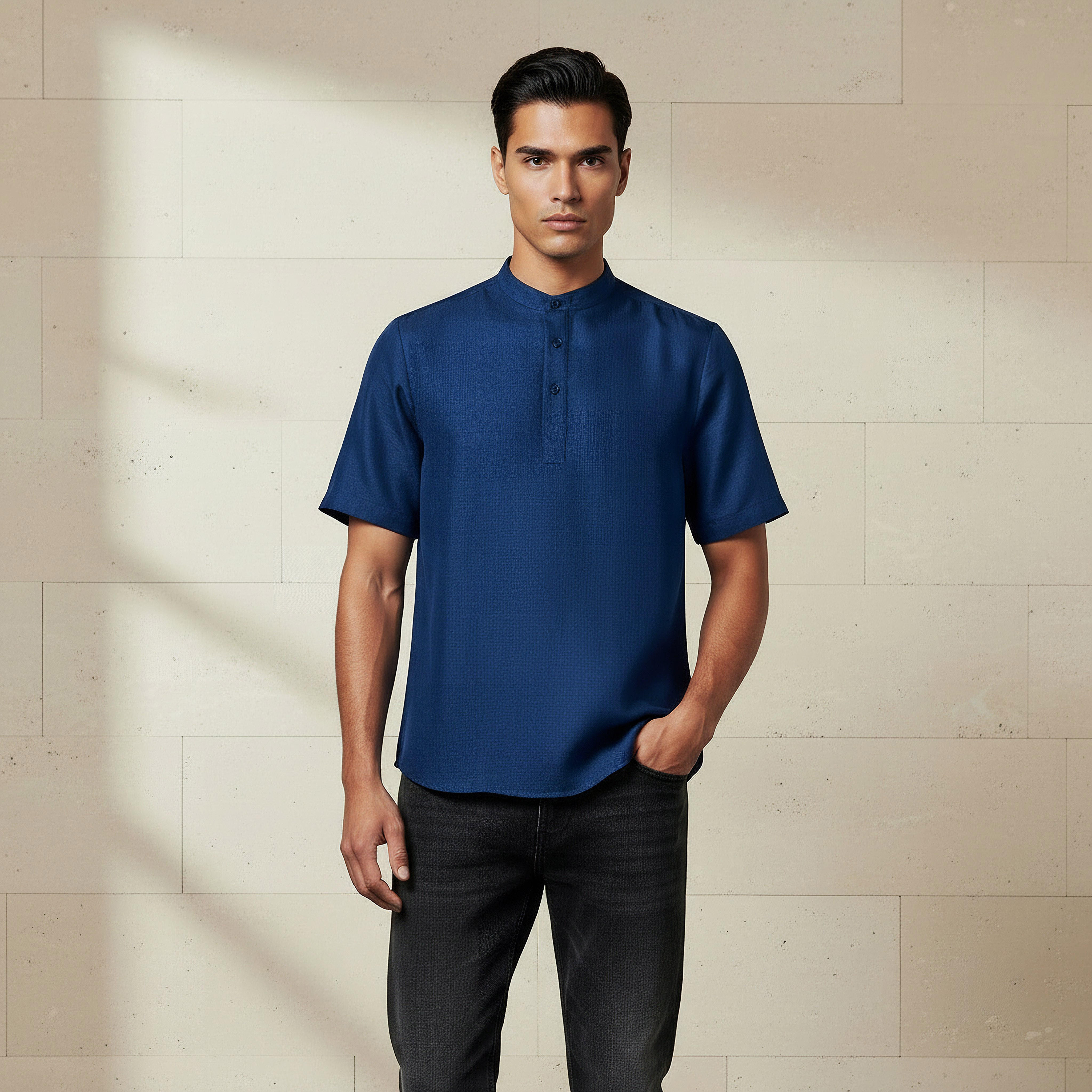 قميص بقصّة عادية وياقة ماندرين وأكمام قصيرة للرجال-men-clothing-shirts-image-1