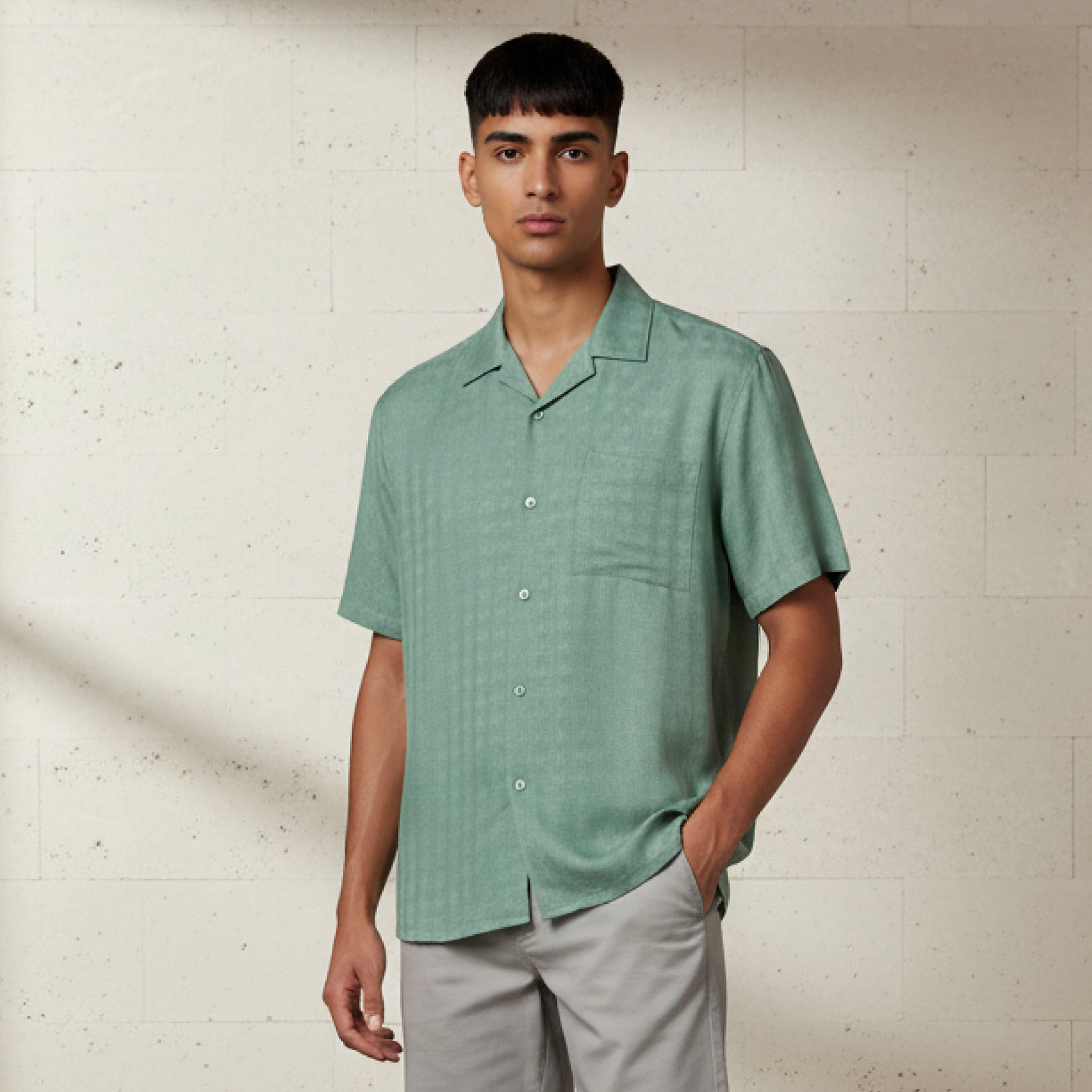 Men Regular Fit Camp Collar Textured Short Sleeves Resort Shirt-men-clothing-shirts-image-1