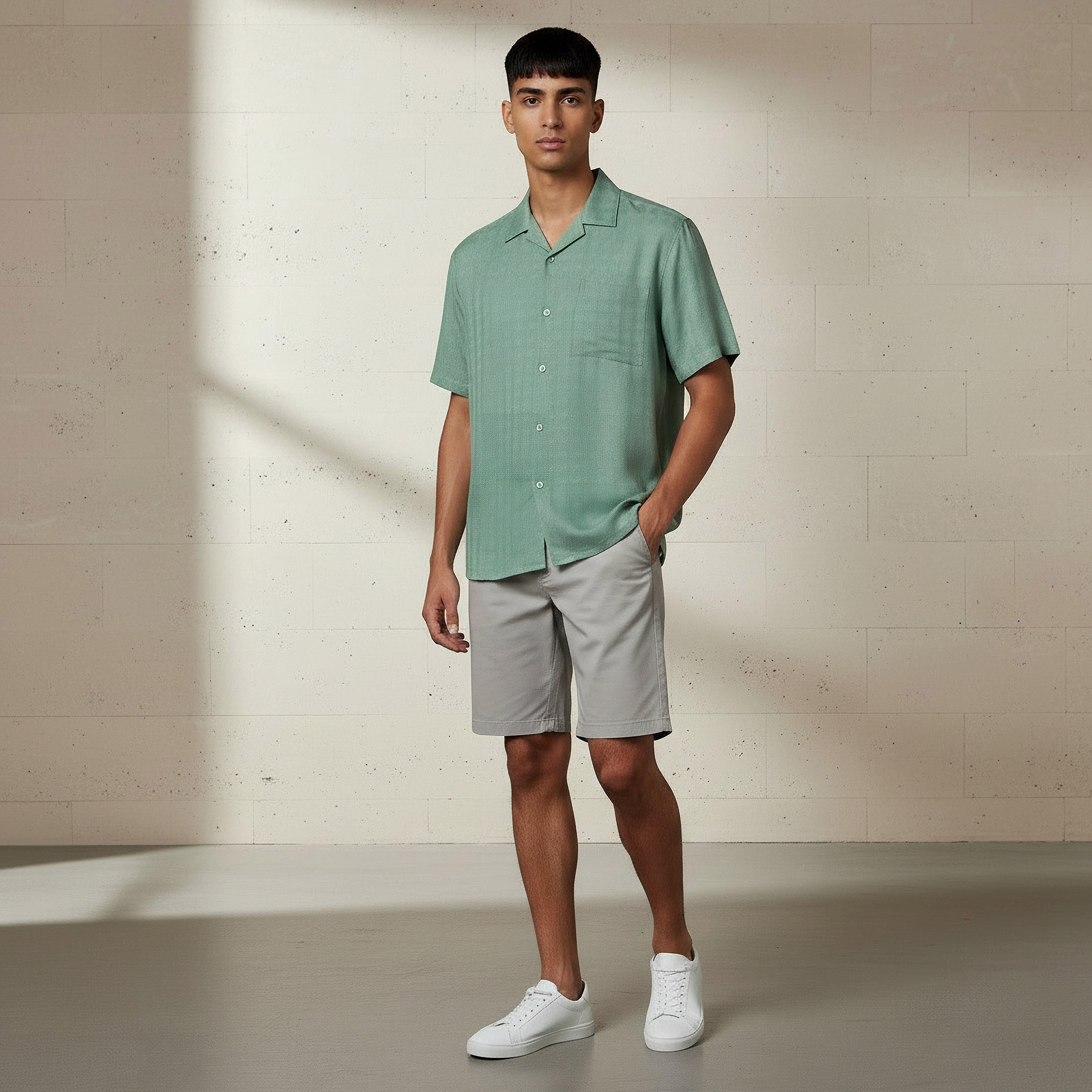 Men Regular Fit Camp Collar Textured Short Sleeves Resort Shirt-men-clothing-shirts-image-2